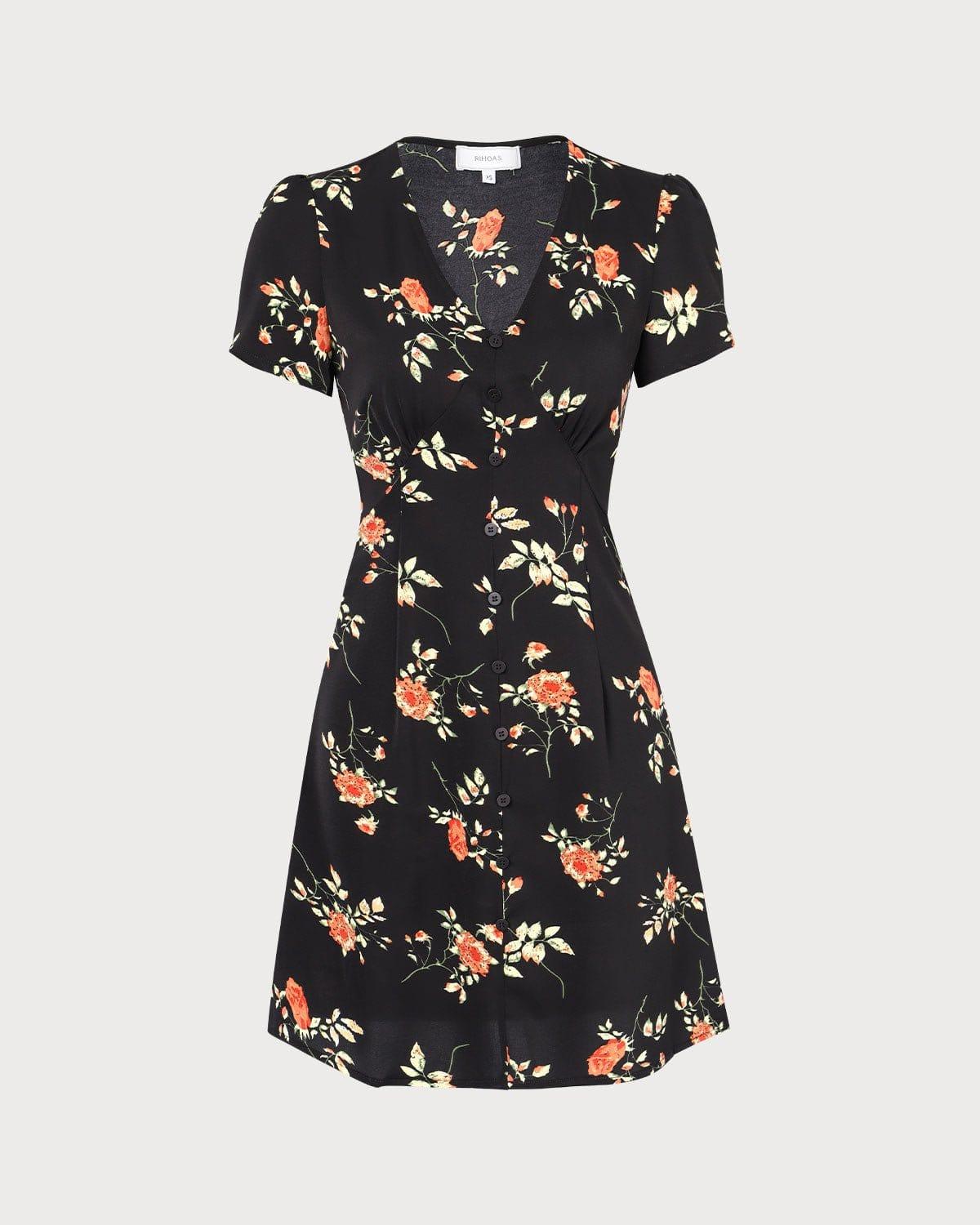The Black V Neck Floral Button Up Mini Dress Product Image