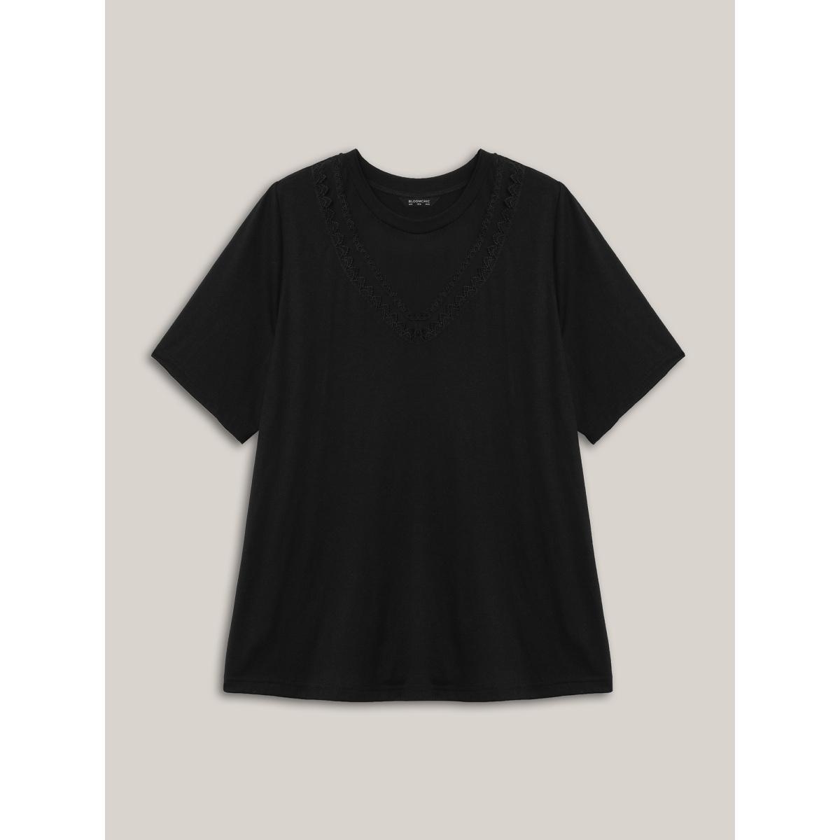 Plus Size Sheer Neck Solid Panel T-Shirt Black Women Leisure Woven ribbon&lace trim Round Neck Casual T-shirts BloomChic 28/5X Product Image