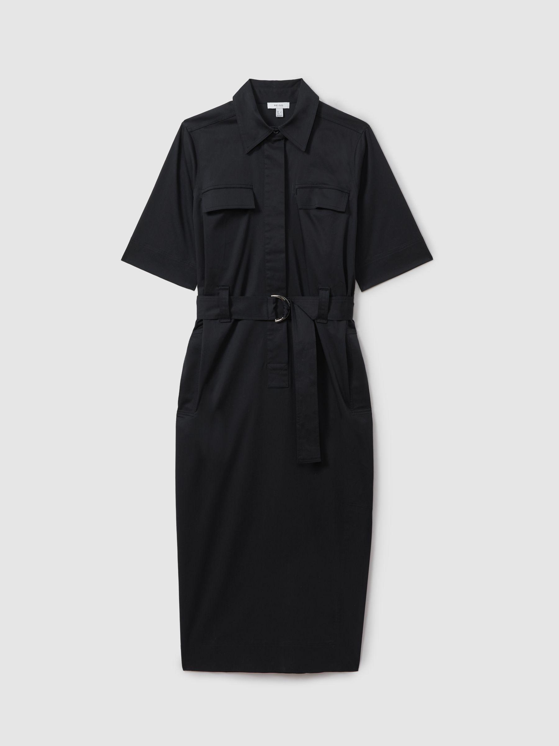 Cotton Blend Utility Belted Midi Dress in Black Product Image