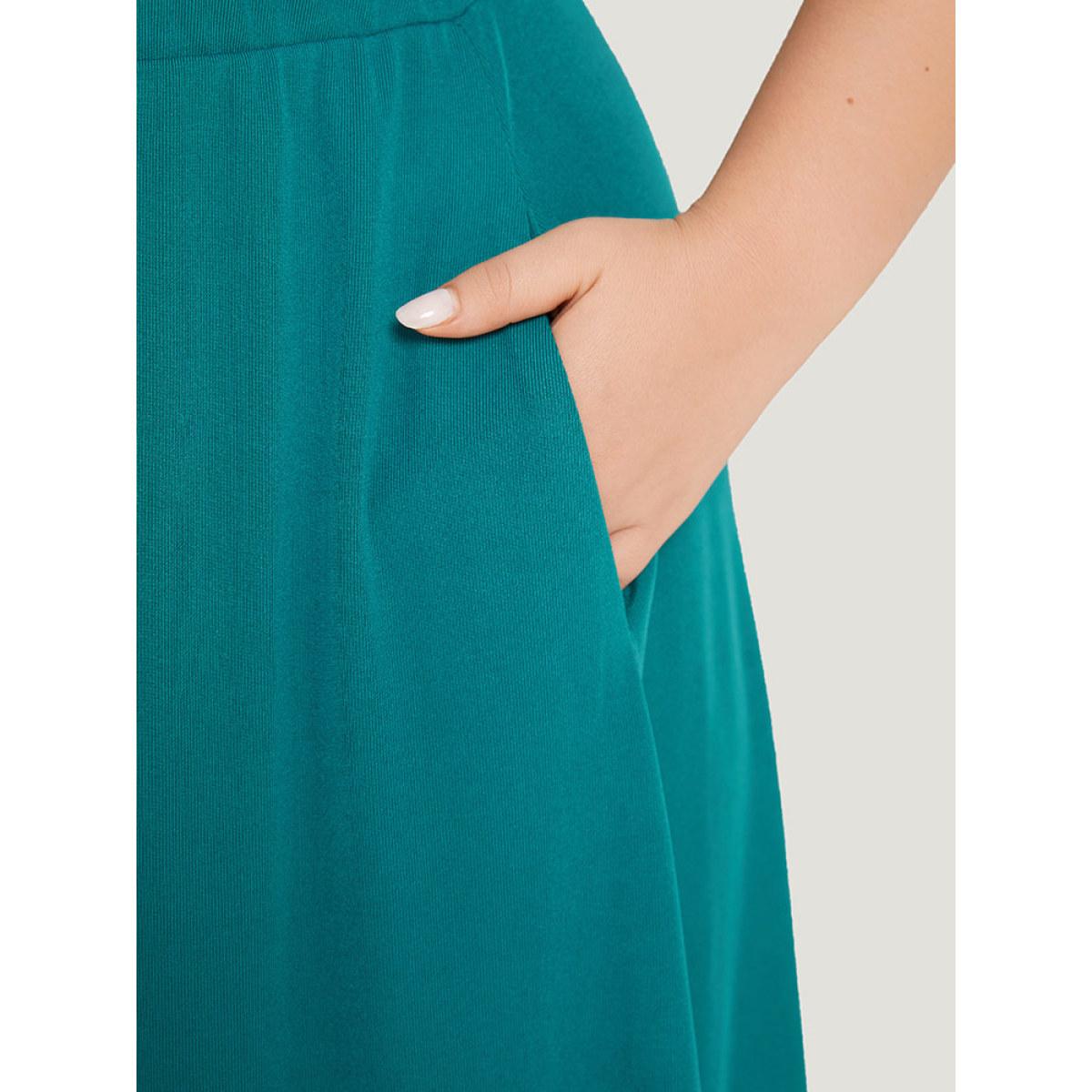 Plus Size Plain Pocket Button Detail Cold Shoulder Cami Dress Teal Women Casual Plain Cold Shoulder Short sleeve Curvy Knee Dress BloomChic 22-24/3X Product Image