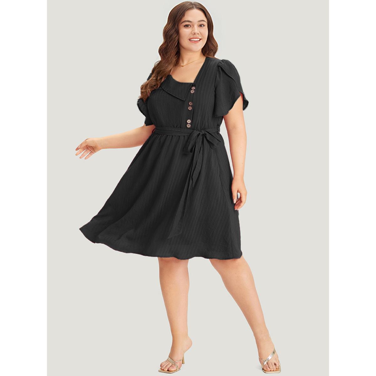 Plus Size Solid Irregular Neck Pocket Button Detail Petal Sleeve Dress Black Women Office Button Asymmetrical Neck Short sleeve Curvy Knee Dress BloomChic 26/4X Product Image