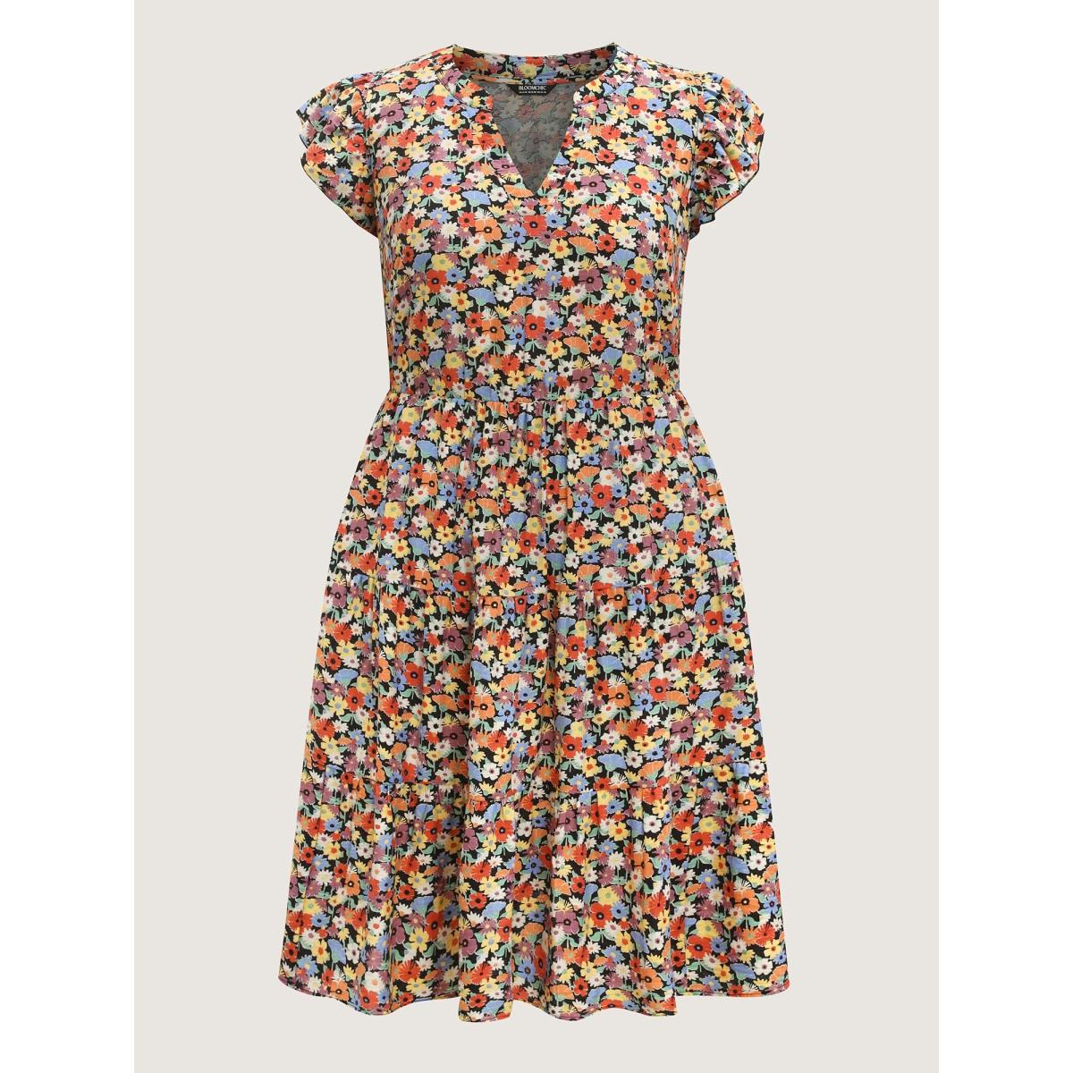 Plus Size Rayon Colorful Floral Print Tiered Pockets Midi Dress Multicolor Women Leisure Notched collar Cap Sleeve Curvy BloomChic 26/4X Product Image