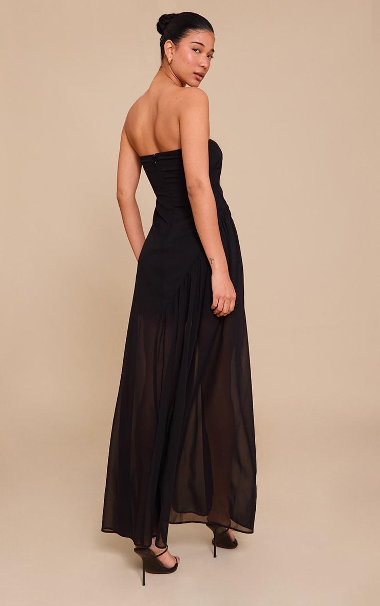 Black Double Layer Mesh Bandeau Asymmetric Ruching Maxi Dress Product Image