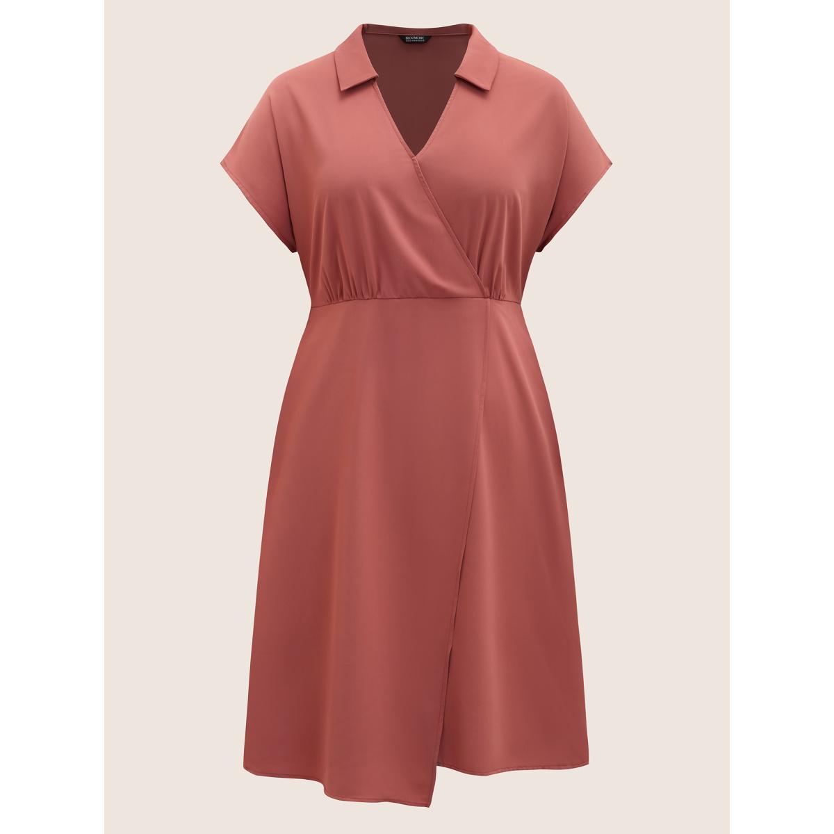 Plus Size Anti-Wrinkle Solid Shirt Collar Wrap Hem Dress Salmon Women At the Office Asymmetrical Shirt collar Short sleeve Curvy BloomChic 30/6X Product Image