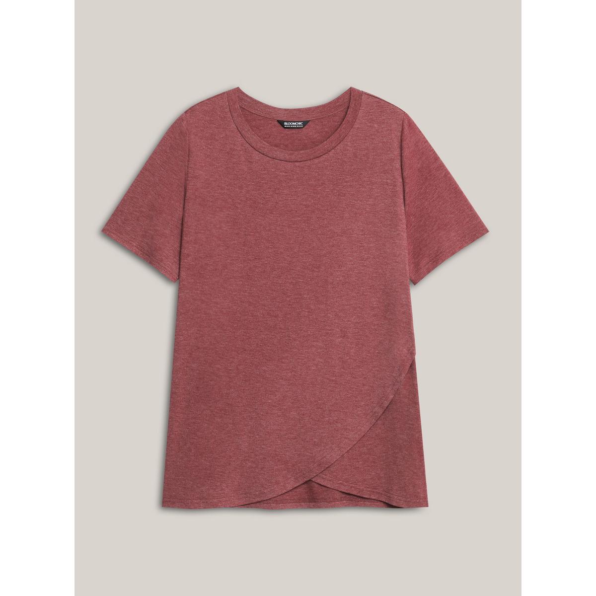 Plus Size Heather Stretchy Overlap Hem Plain T-Shirt Russet Women Leisure Overlapping Round Neck Casual T-shirts BloomChic 12/L Product Image