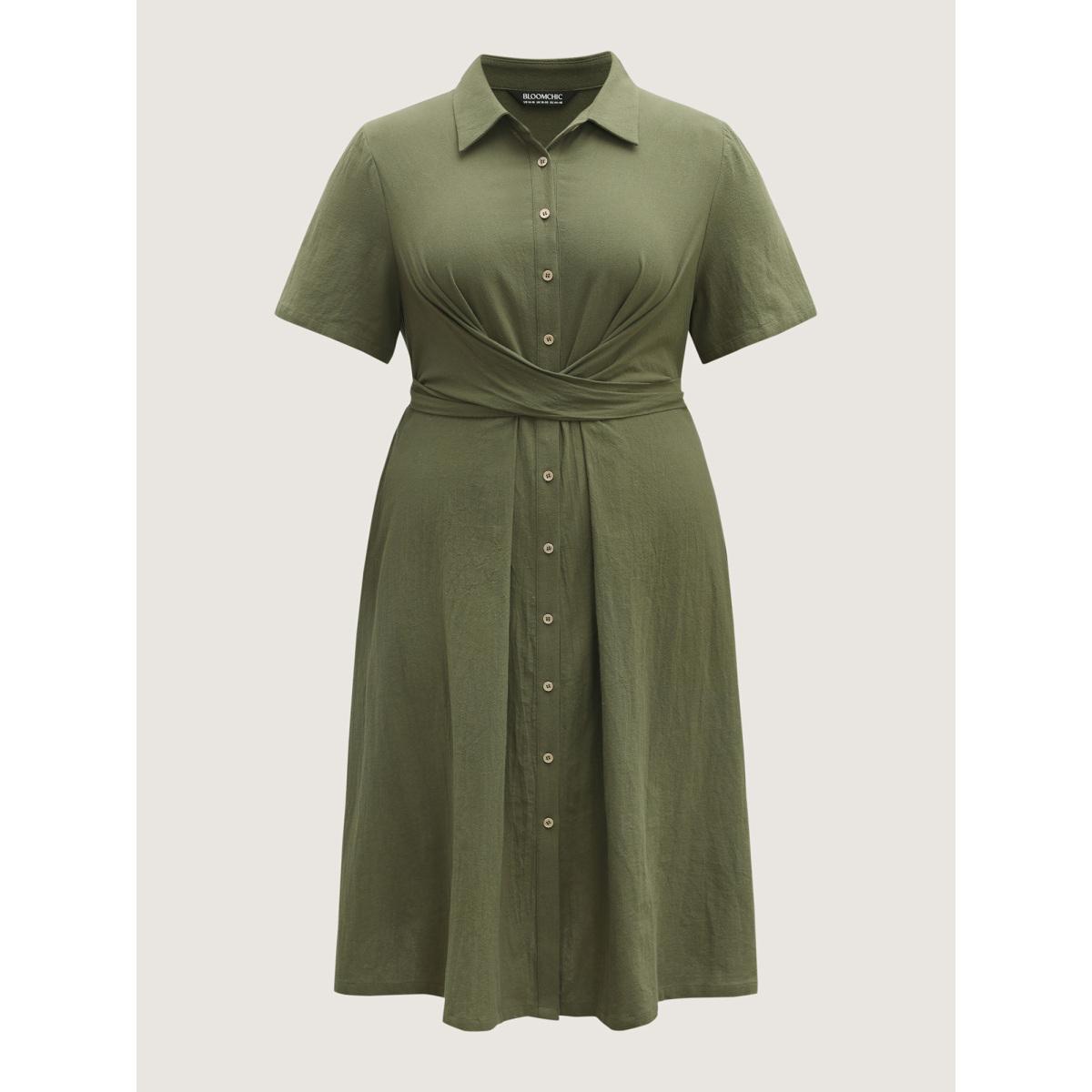 Plus Size Cotton Back-Tie Overlap Shirt Dress ArmyGreen Women Office Tie knot Shirt collar Short sleeve Curvy BloomChic 22-24/3X Product Image