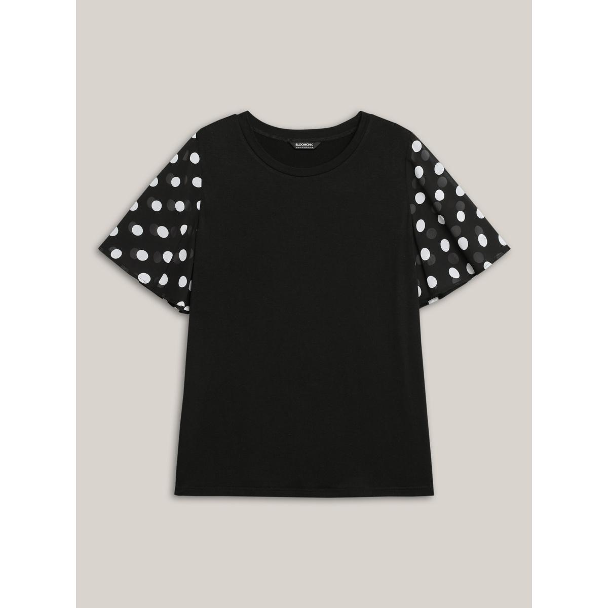 Plus Size Stretchy Sheer Dot Sleeve Textured T-Shirt Black Women Timeless See through Round Neck Elegant T-shirts BloomChic 12/L Product Image