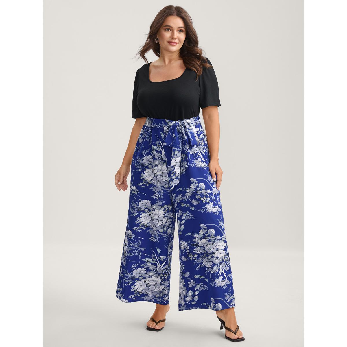 Plus Size Mediumblue Color Contrast Belted Panel Pockets Jumpsuit Women Timeless Short sleeve Square Neck Elegant Loose Jumpsuits BloomChic 30/6X Product Image