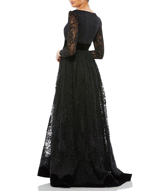Mac Duggal V-Neck Long Sleeve Lace A-line Gown Product Image