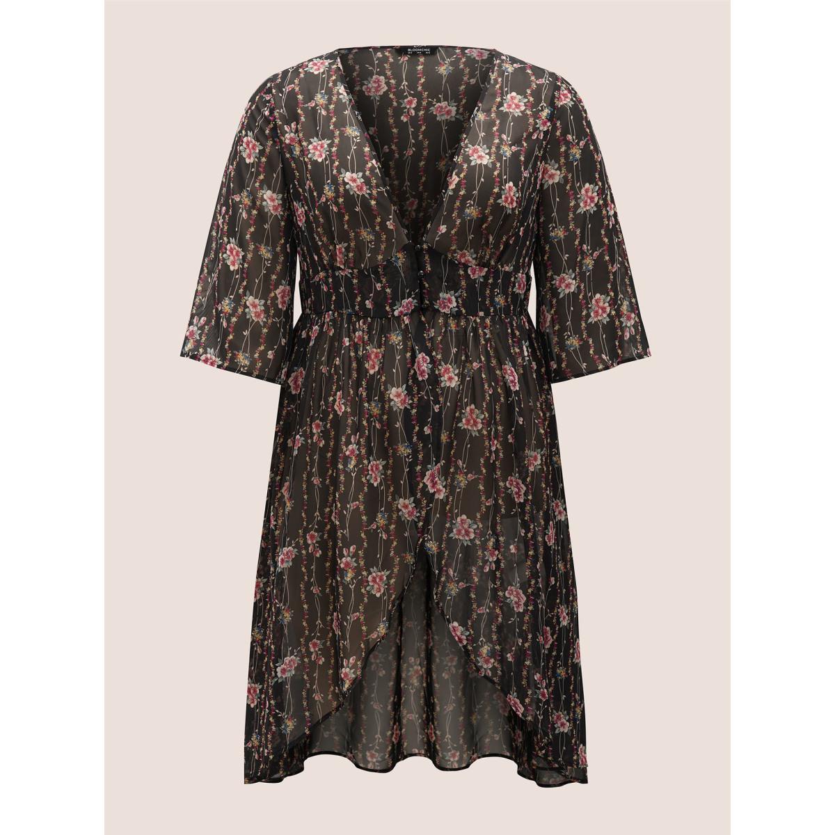 Plus Size Floral Mesh Bell Sleeve Curved Hem Kimono Women Black Elegant Asymmetrical Everyday Kimonos BloomChic 14-16/1X Product Image