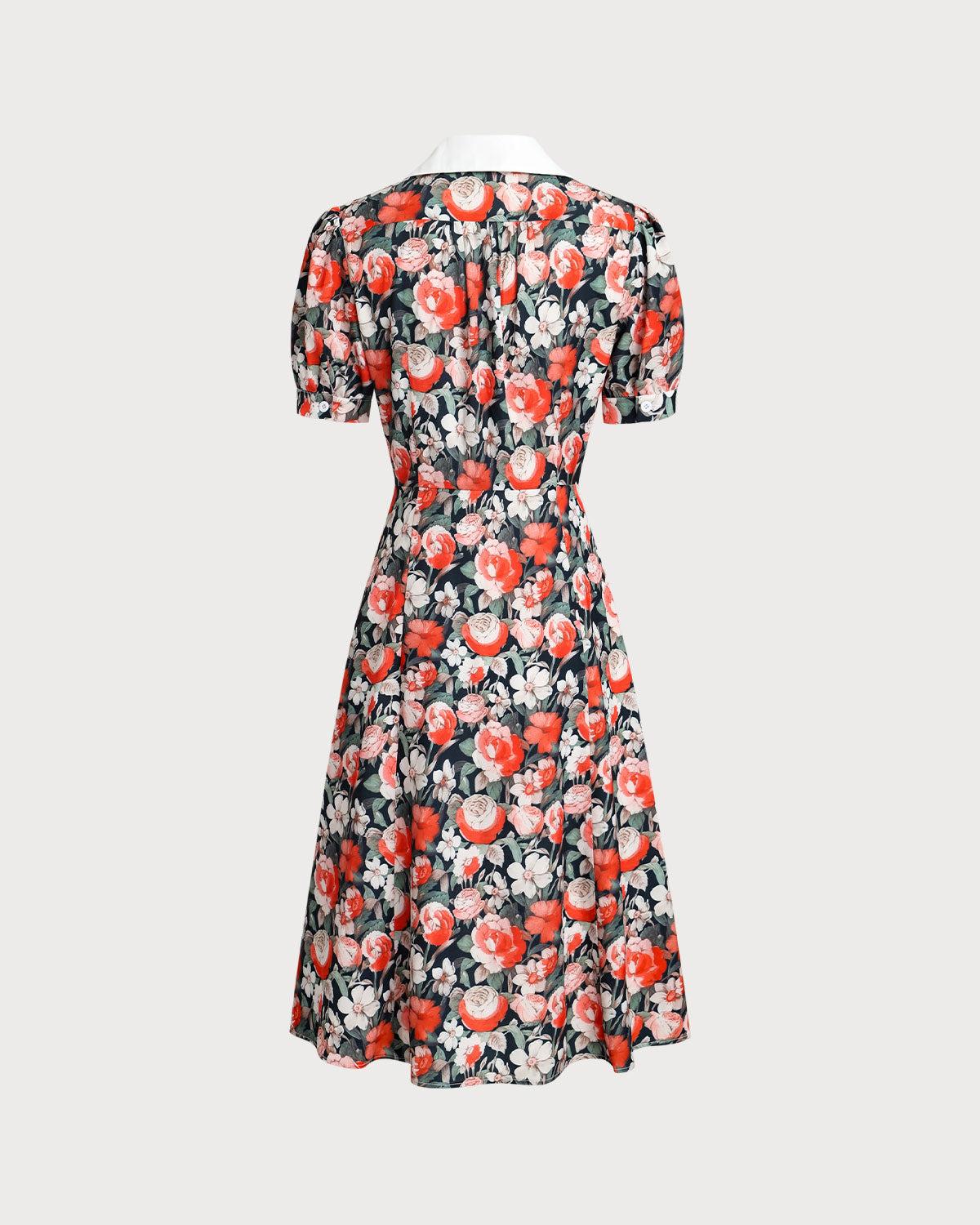 Black Floral Contrast Midi Dress Product Image