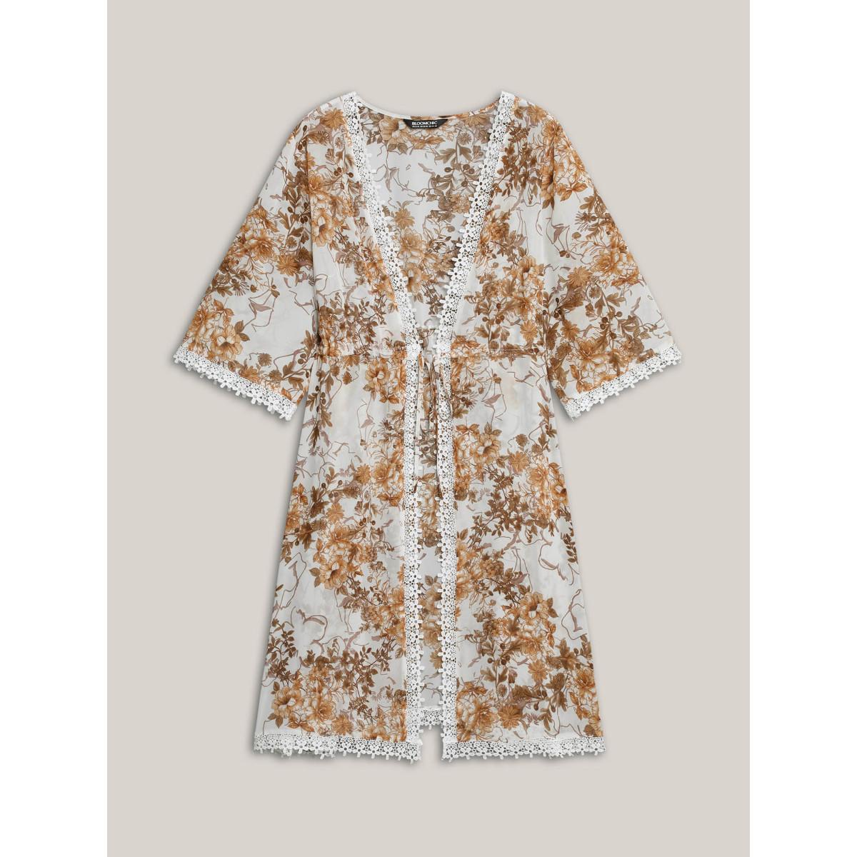 Plus Size Chiffon Floral Print Lace Open-Front Kimono Women Originalwhite Elegant Woven ribbon&lace trim Everyday Kimonos BloomChic 22-24/3X Product Image