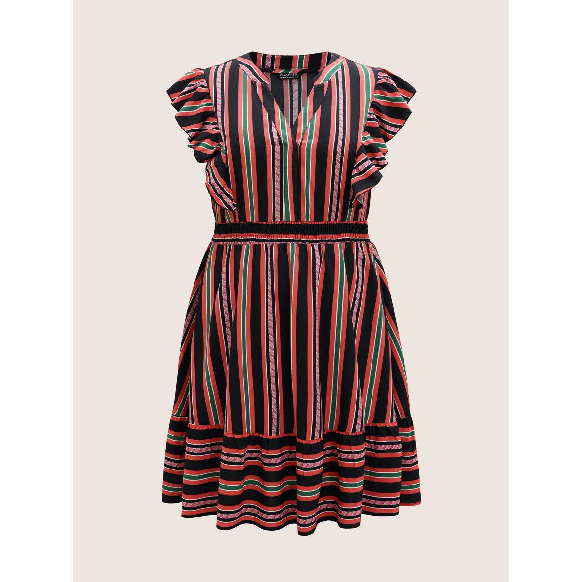 Plus Size Contrast Striped Ruffle Cap Sleeve Dress Black Women Elegant Ruffles Notched collar Cap Sleeve Curvy BloomChic 22-24/3X Product Image