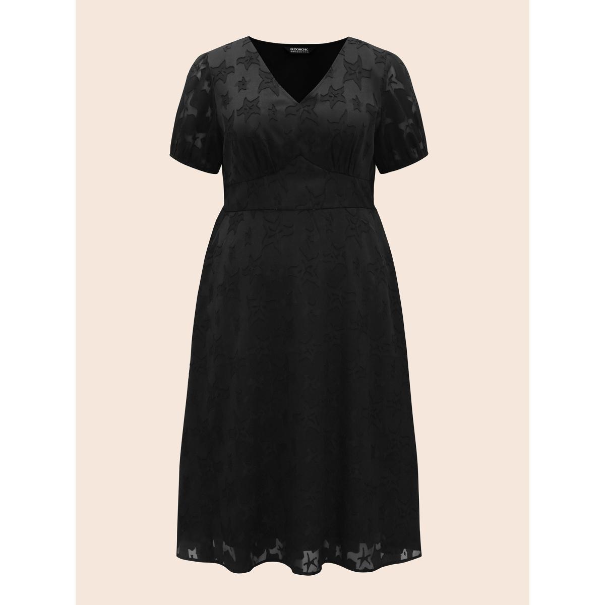 Plus Size Star Textured Lantern Sleeve Midi Dress Black Women Elegant Texture V-neck Short sleeve Curvy BloomChic 30/6X Product Image