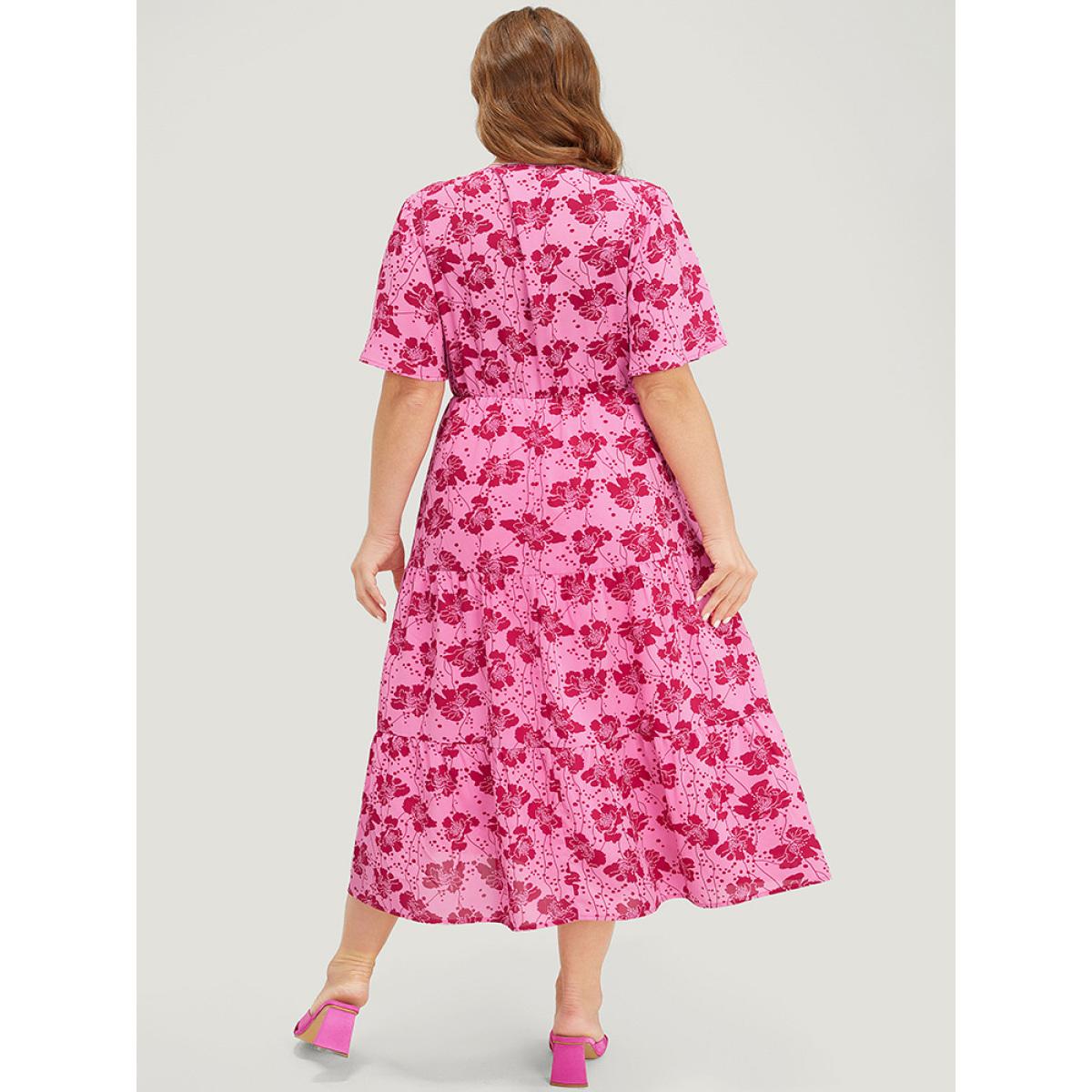 Plus Size Floral Button Detail Pocket Knotted Ruffle Hem Dress Pink Women Elegant Button V-neck Short sleeve Curvy Midi Dress BloomChic 12/L Product Image