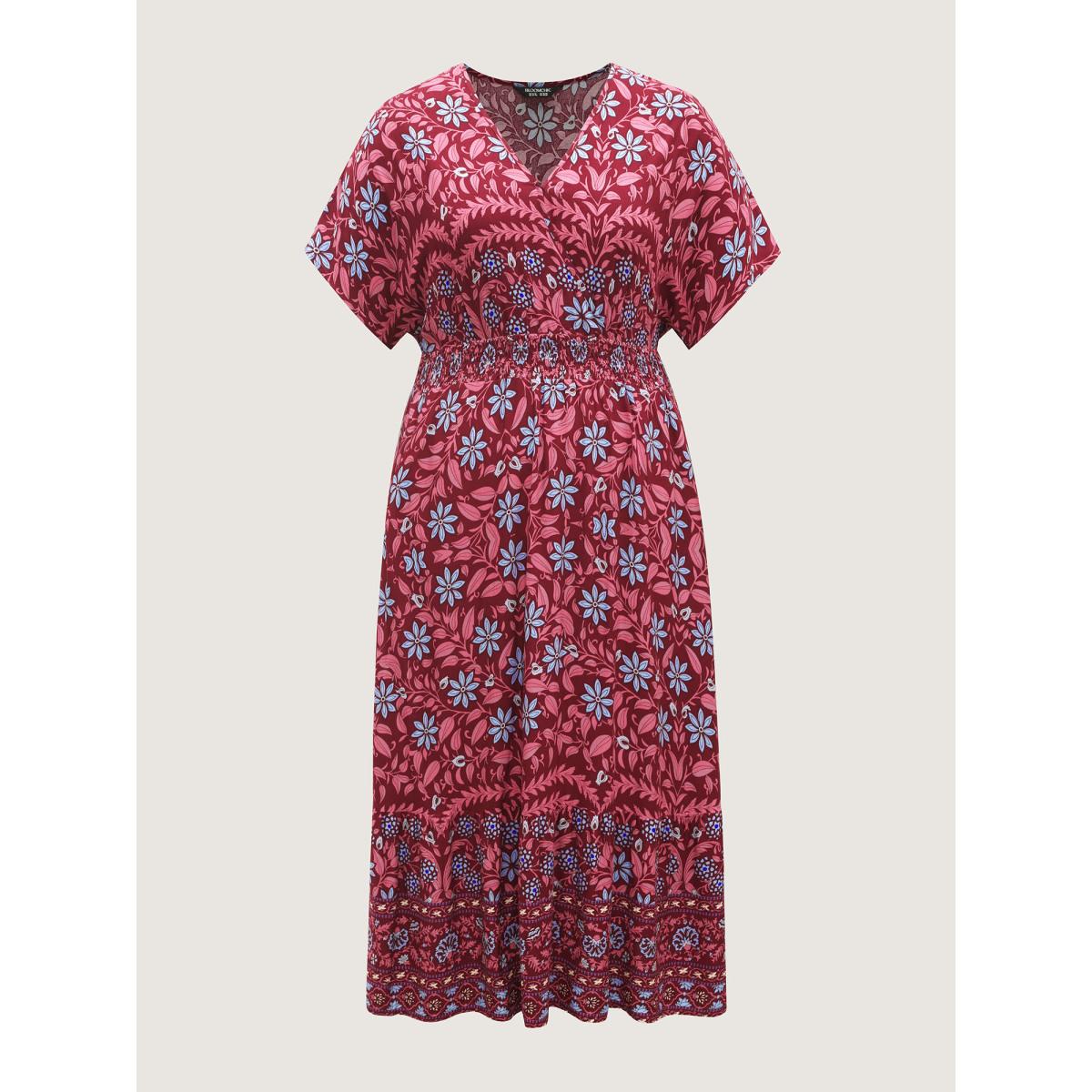 Plus Size Rayon Boho Floral Shirred Waist Midi Dress Burgundy Women Boho Shirred Overlap Collar Half Sleeve Curvy BloomChic 18-20/2X Product Image