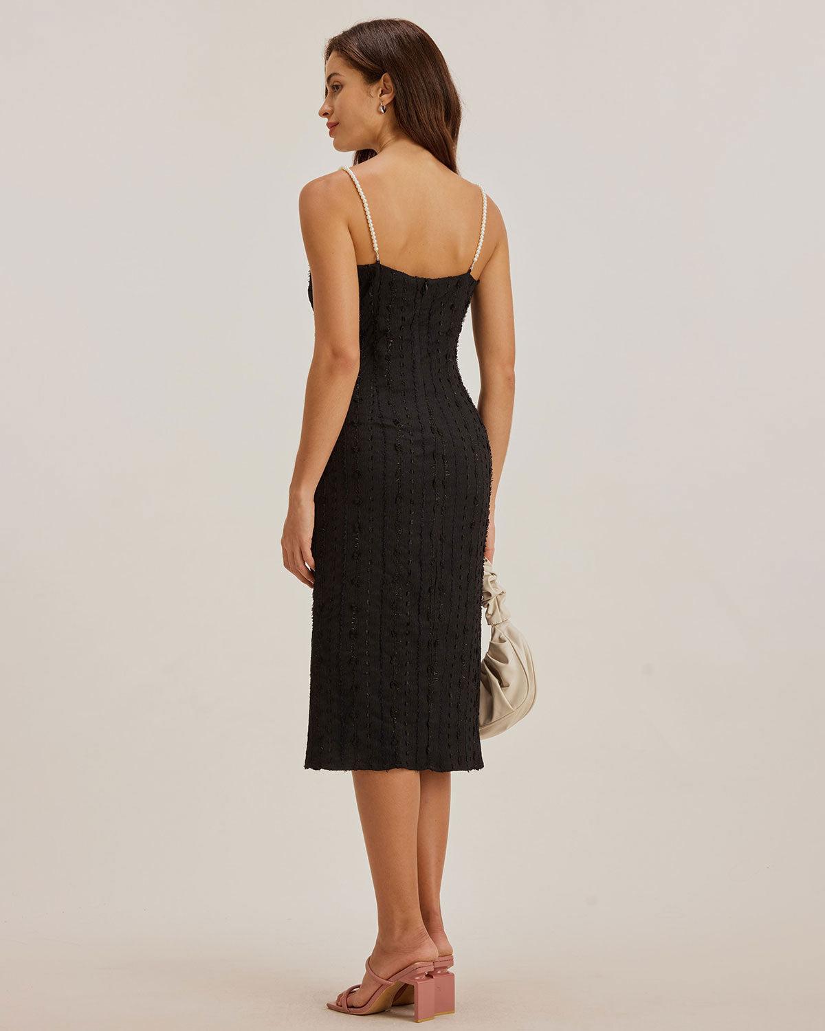 Black Textured Bodycon Beaded Strap Midi Dress Product Image