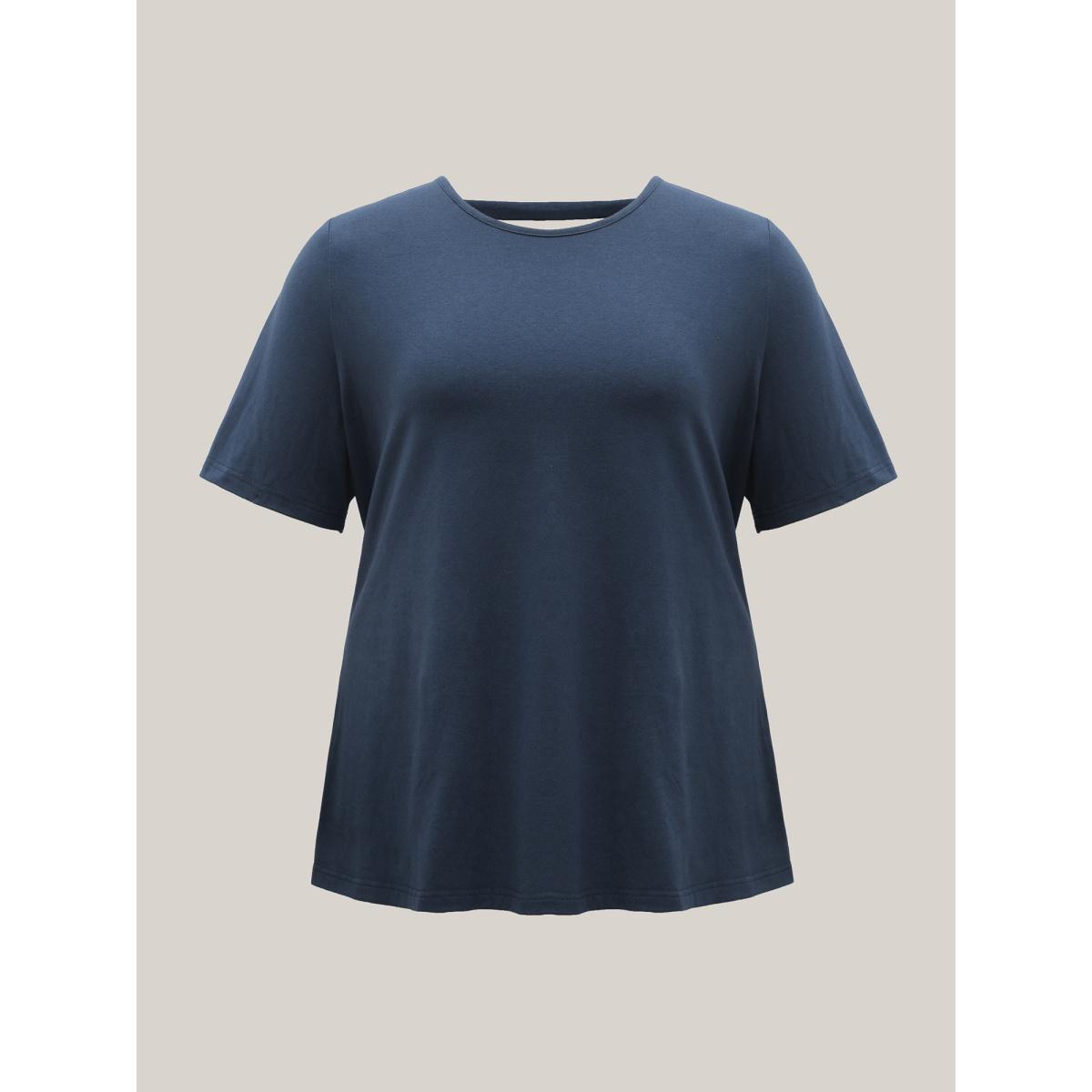 Plus Size Pure Cotton Knotted Backless T-Shirt Midnight Women Leisure Twist Round Neck Vacation T-shirts BloomChic 26/4X Product Image