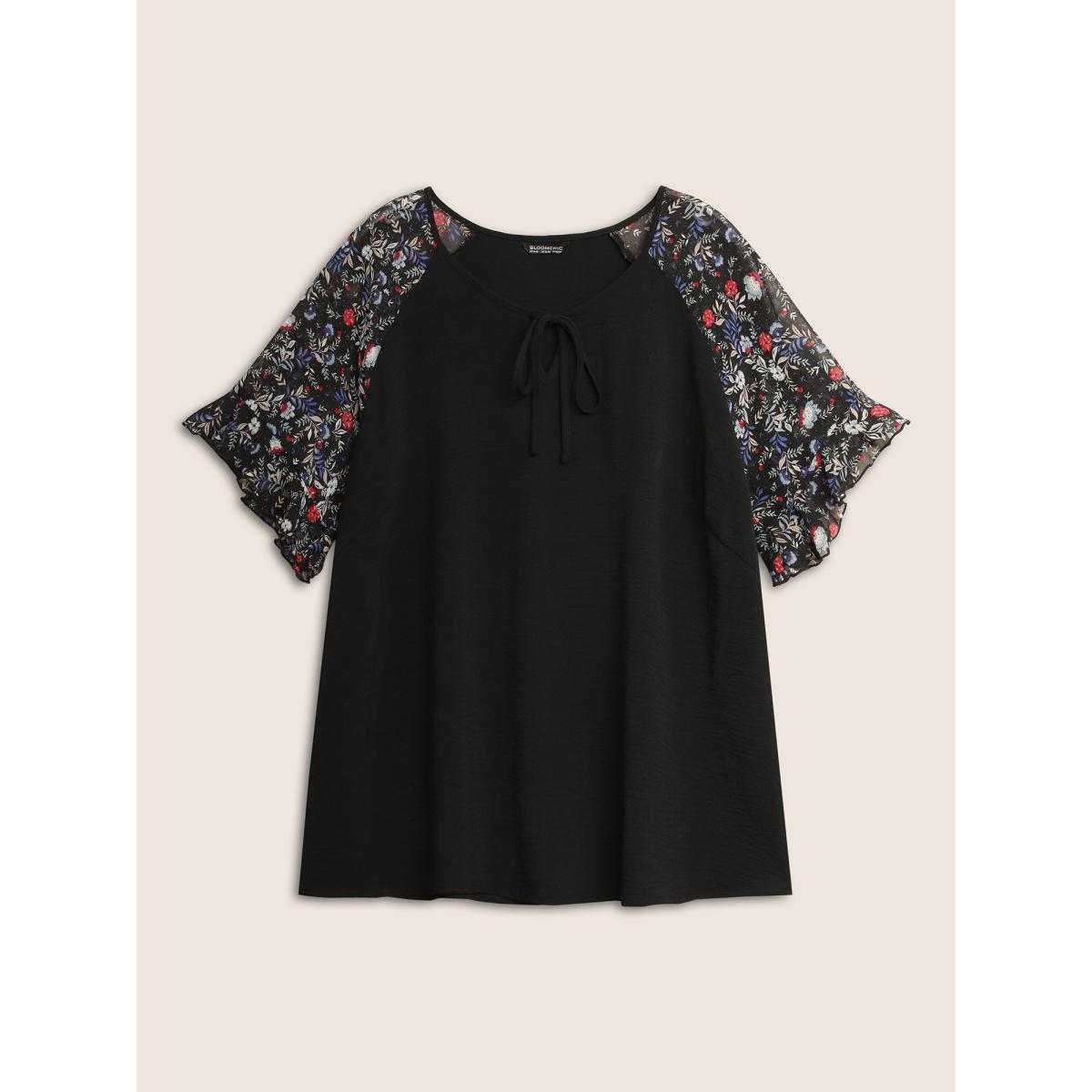 Plus Size Black Ditsy Floral Ruffles Raglan Sleeve Blouse Women Elegant Short sleeve Round Neck Everyday Blouses BloomChic 22-24/3X Product Image
