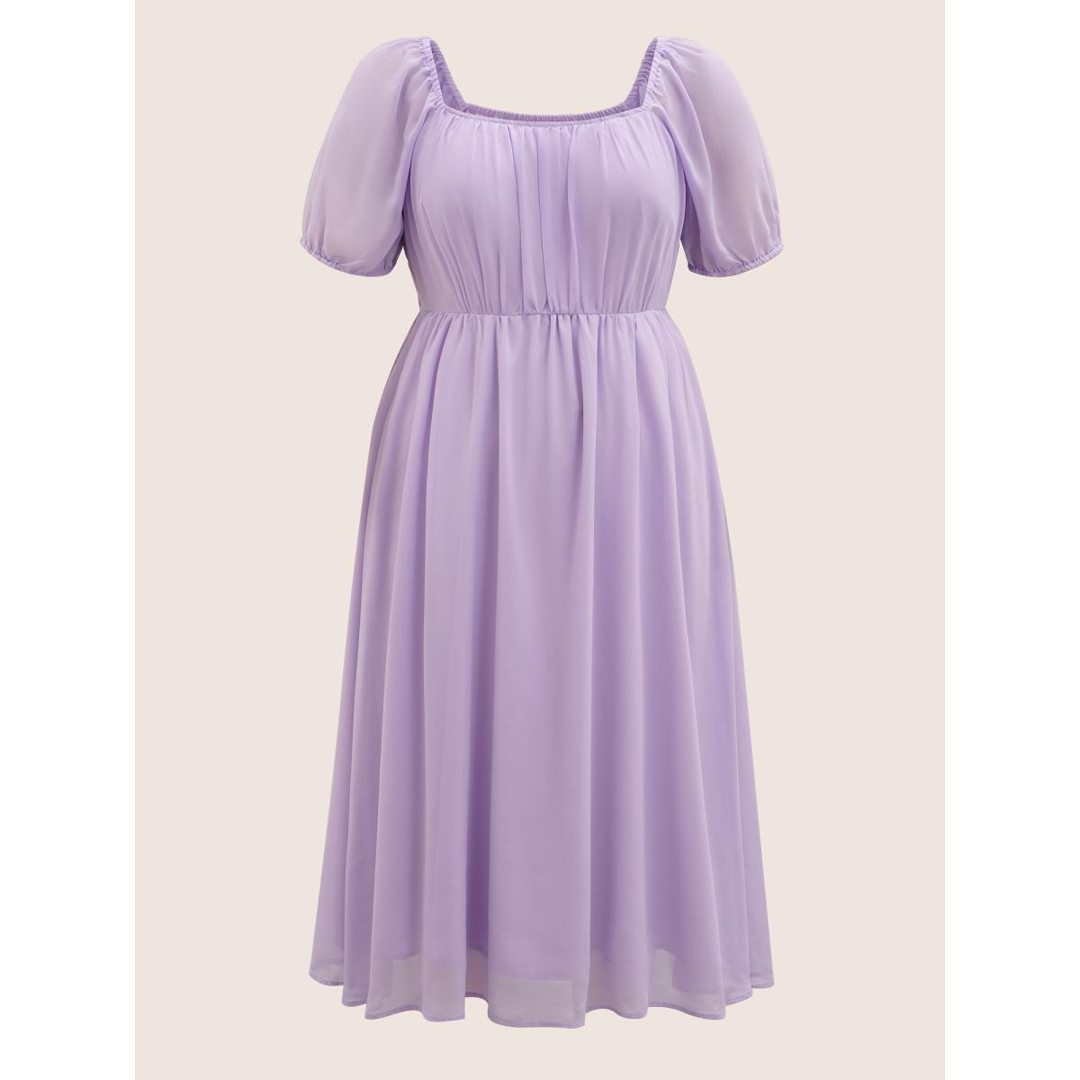 Plus Size Chiffon Square Neck Lantern Sleeve Dress Lavender Women Elegant Gathered Square Neck Short sleeve Curvy BloomChic 22-24/3X Product Image