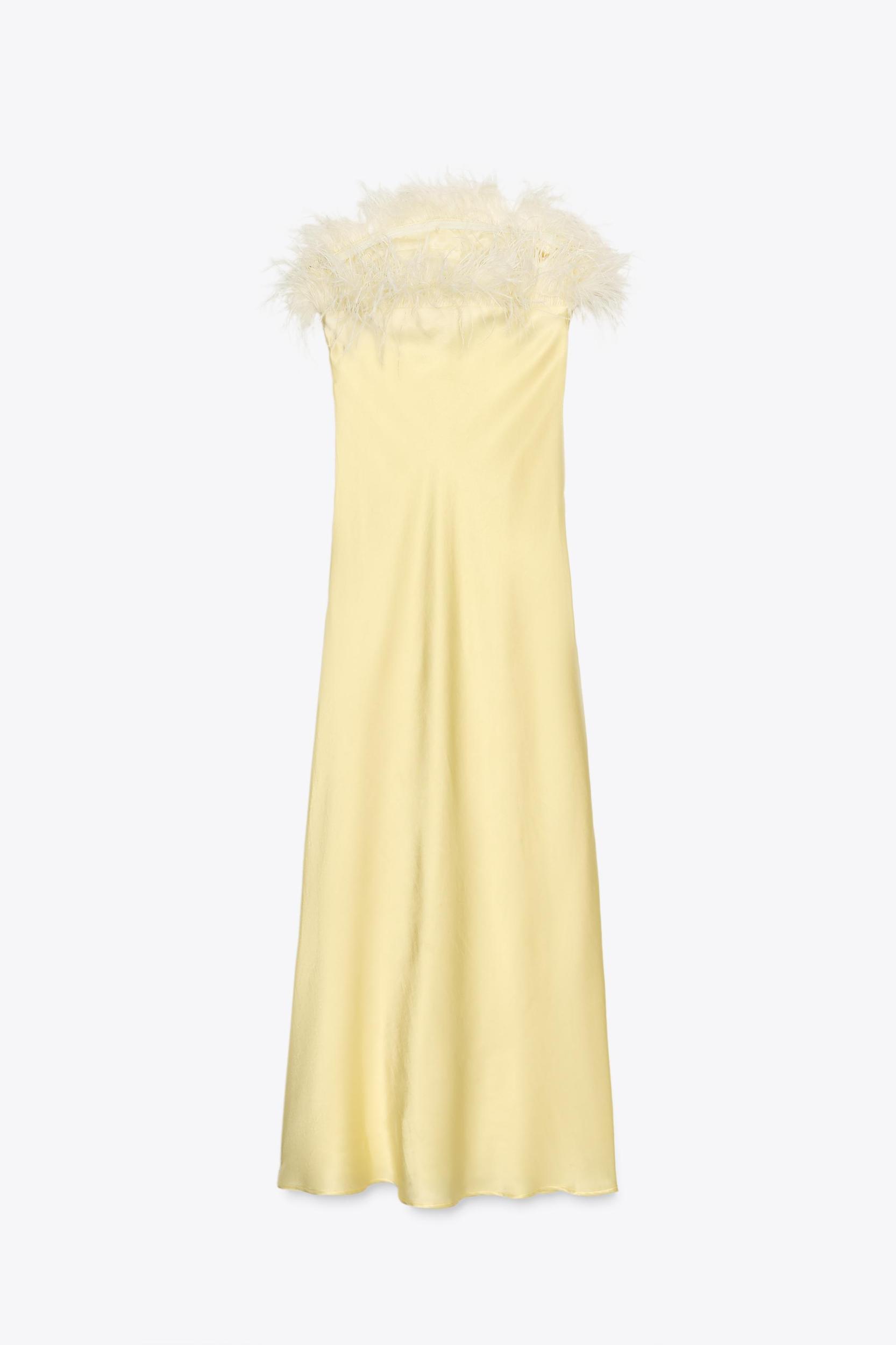 FEATHERED SATIN MIDI DRESS Product Image