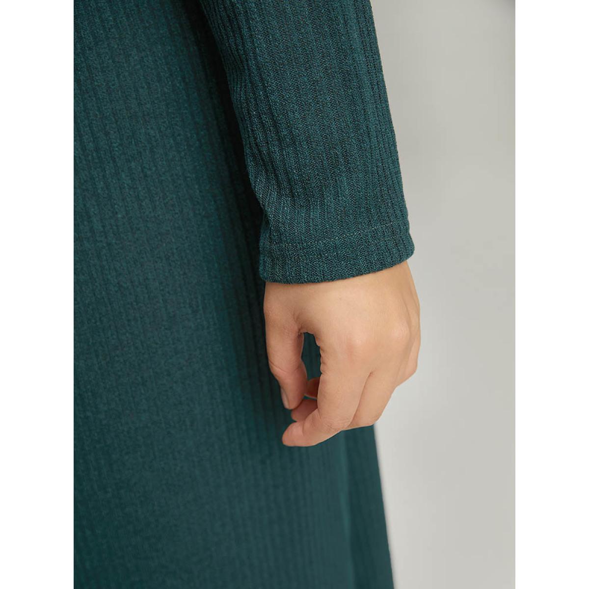 Plus Size Rib Knit Button Detail Belted Wrap Hem Dress Cyan Women Casual Texture V-neck Long Sleeve Curvy Midi Dress BloomChic 14-16/1X Product Image