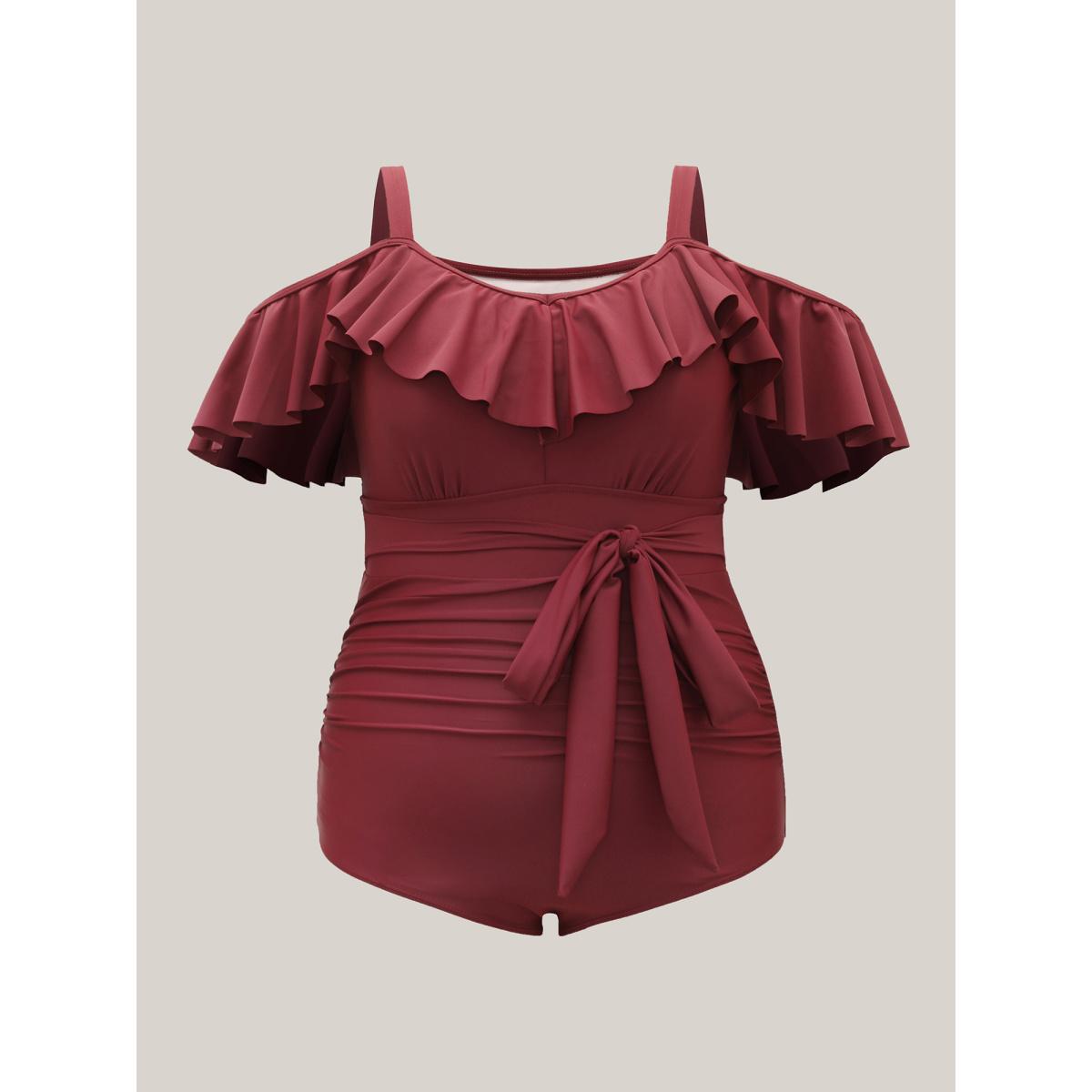 Plus Size Cold Shoulder Belted Ruffled One-Piece Swimsuit Women's Swimwear Deepred Beach Tie knot Curve Bathing Suits High stretch One Pieces BloomChic 14-16/1X Product Image