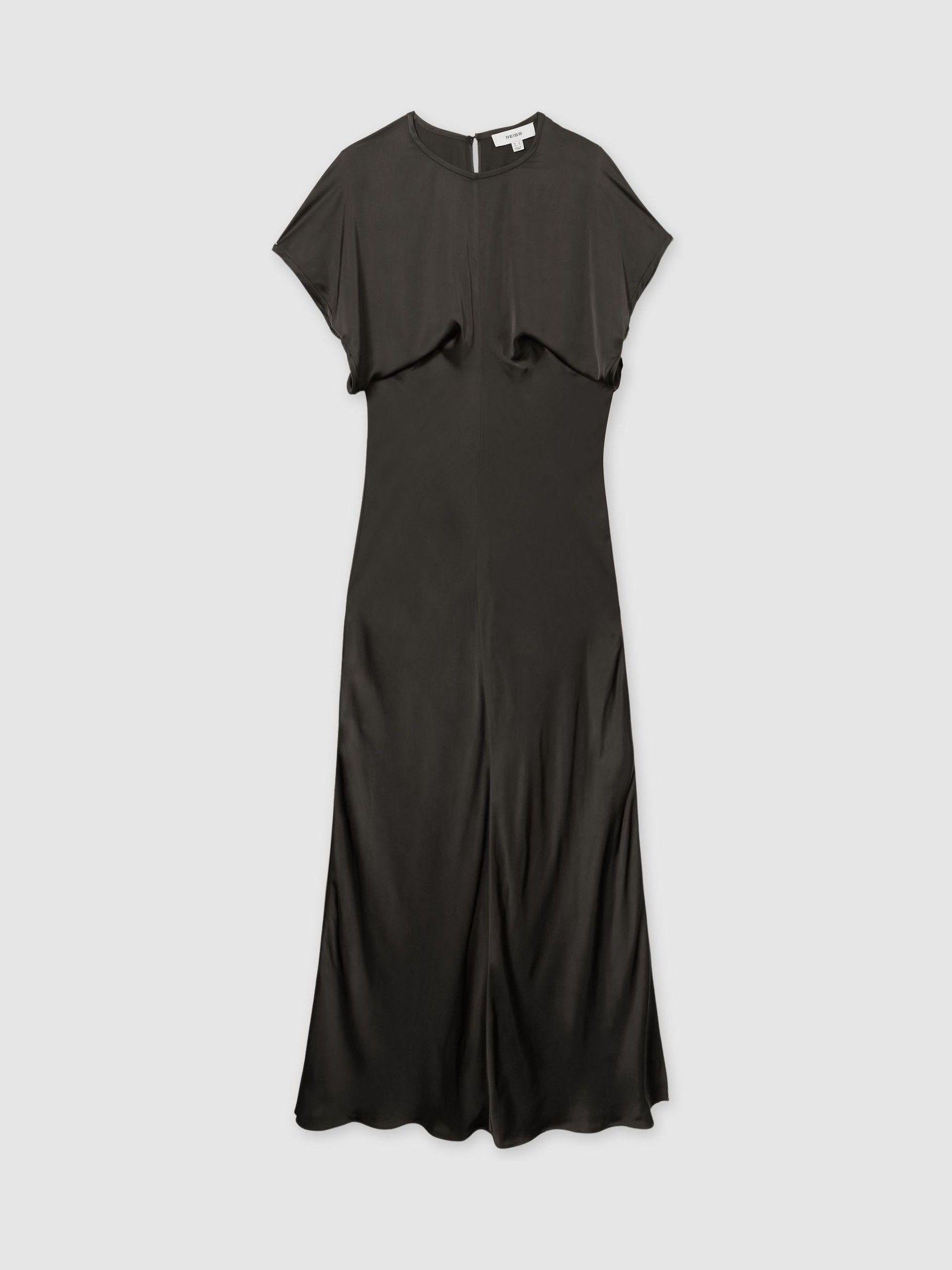 Satin Short-Sleeve Midi Dress in Charcoal Product Image