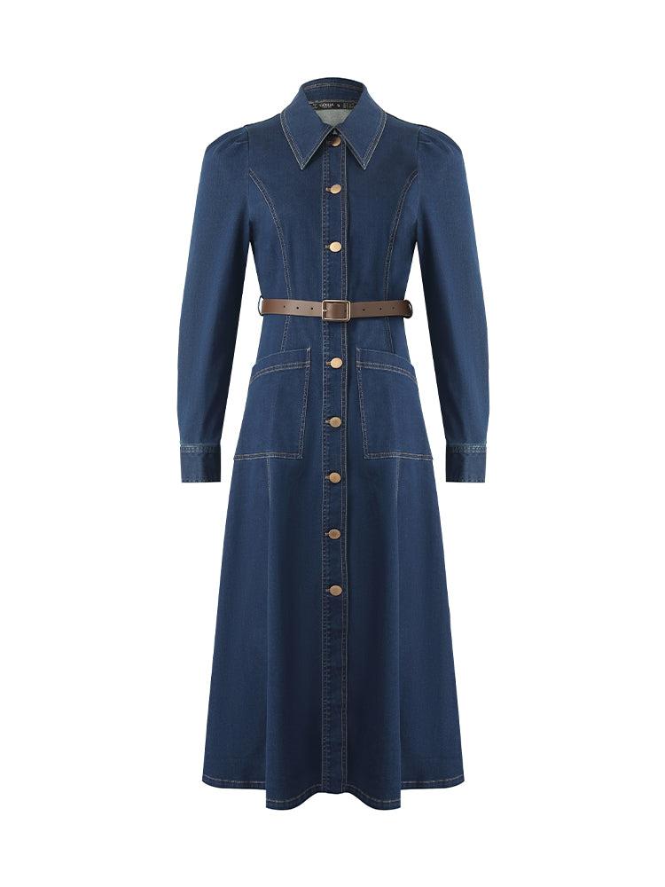 Single-Breasted Lapel Women Midi Denim Dress With Belt Product Image