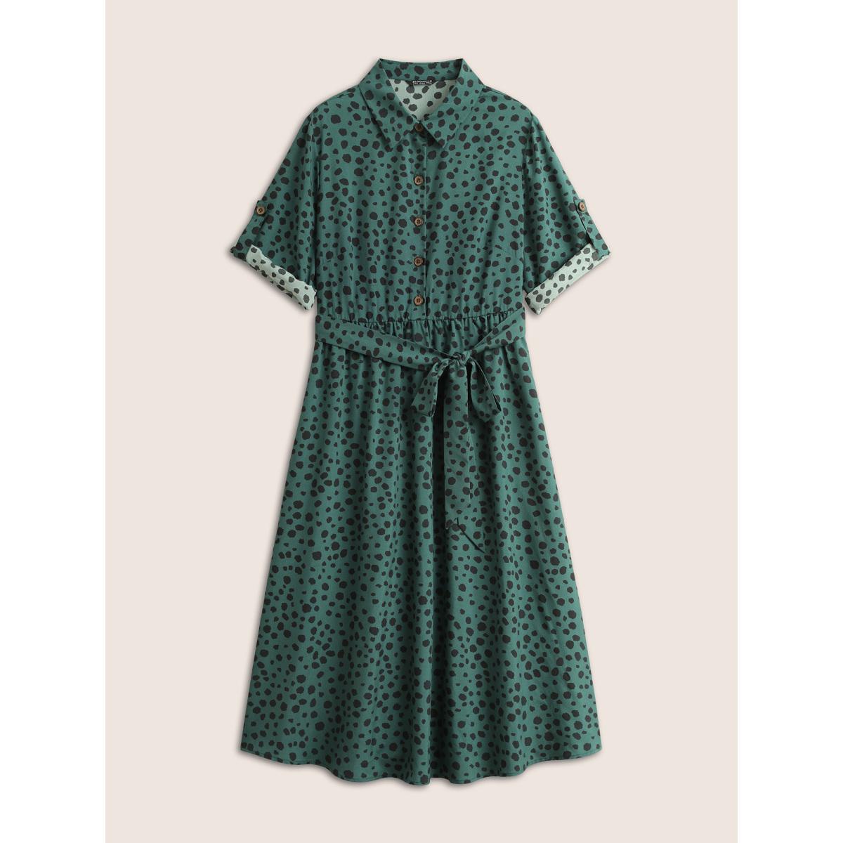 Plus Size Shirt Collar Polka Dot Elastic Waist Belted Dress Emerald Women At the Office Non Shirt collar Half Sleeve Curvy Midi Dress BloomChic 10/M Product Image