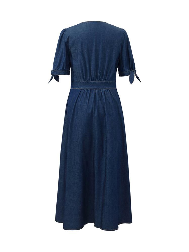 Gathered Waist Denim Women Midi Dress Product Image