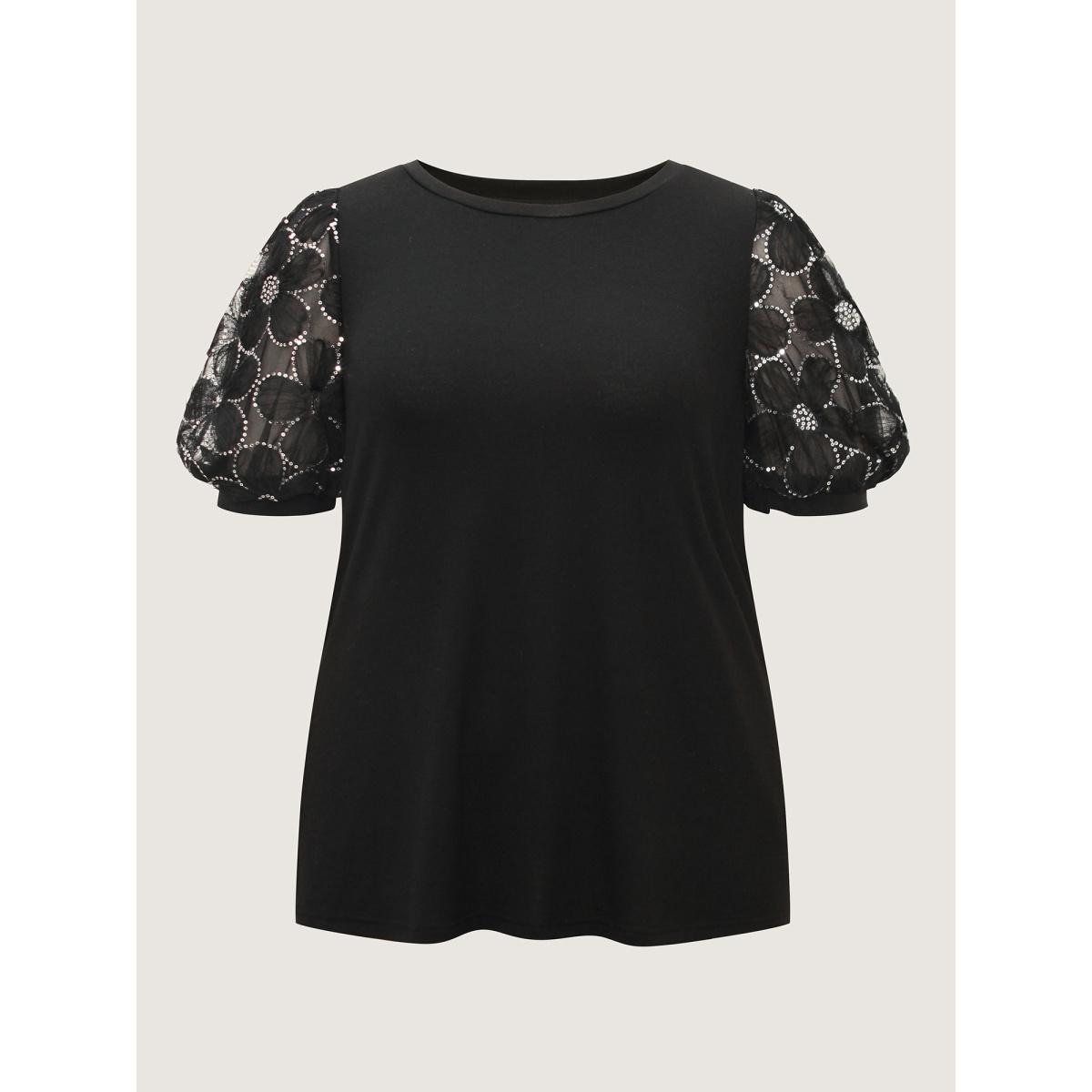 Plus Size Floral Sequin Mesh Round Neck T-shirt Black Women Timeless See through Round Neck Elegant T-shirts BloomChic 14-16/1X Product Image