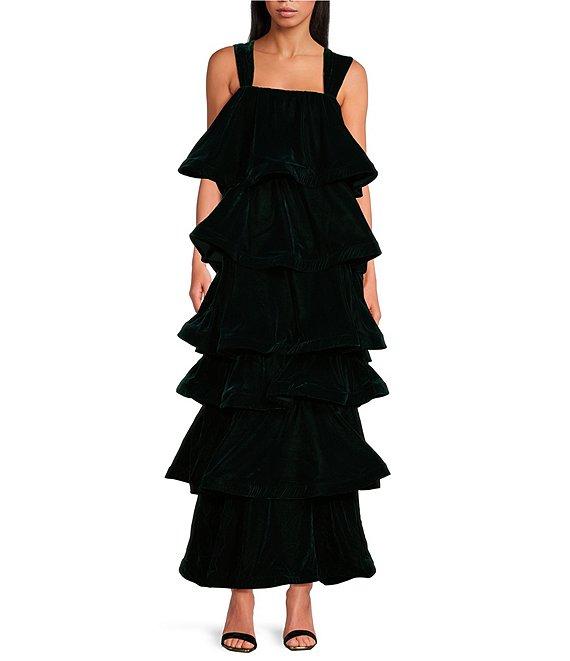 Buru Teagan Velvet Square Neck Wide Strap Tiered Ruffle A-Line Convertible Mini to Maxi Flounce Dress Product Image