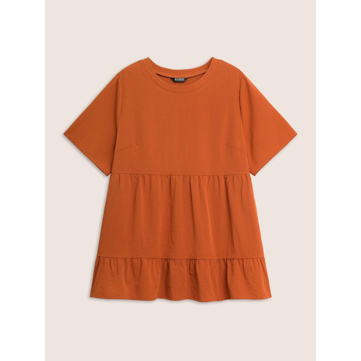 Plus Size Rust Solid Crew Neck Ruffle Hem Blouse Women Casual Short sleeve Round Neck Everyday Blouses BloomChic 12/L Product Image