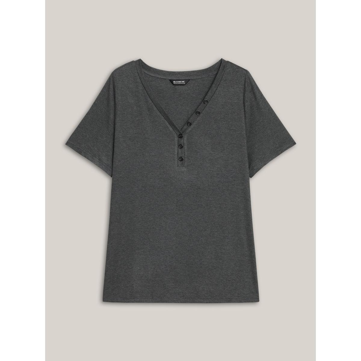 Plus Size Adjustable Neck Coverage Button Placket T-Shirt DimGray Women Leisure Button V-neck Casual T-shirts BloomChic 26/4X Product Image