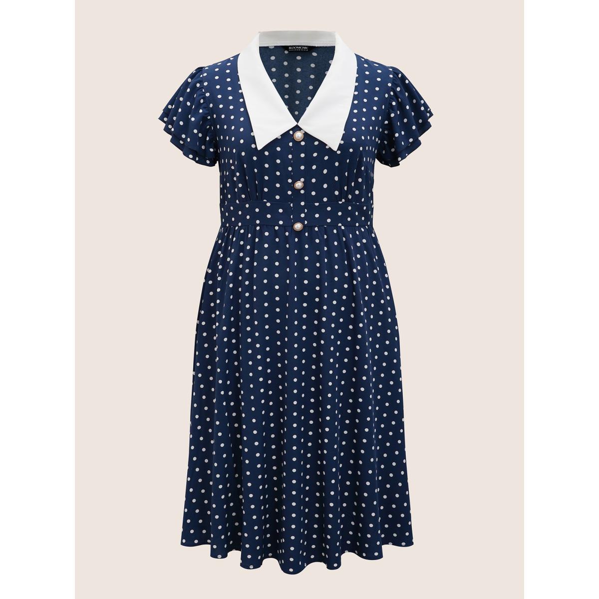 Plus Size Polka Dot Ruffle Cap Sleeve Button Detail Dress Navy Women Elegant Gathered V-neck Cap Sleeve Curvy BloomChic 28/5X Product Image