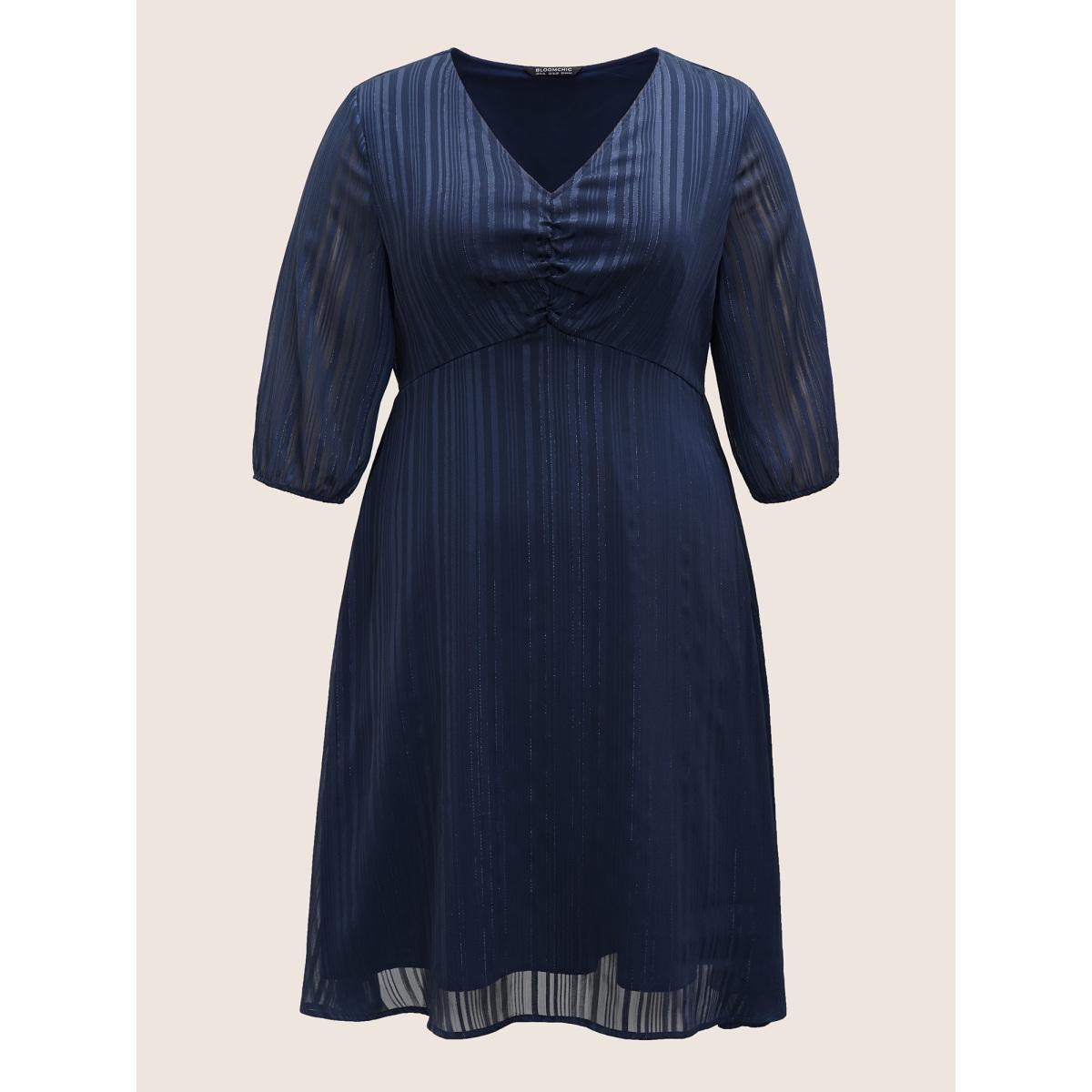Plus Size Textured Chiffon Mesh Patchwork Ruched Dress Indigo Women At the Office Non V-neck Elbow-length sleeve Curvy Midi Dress BloomChic 14-16/1X Product Image