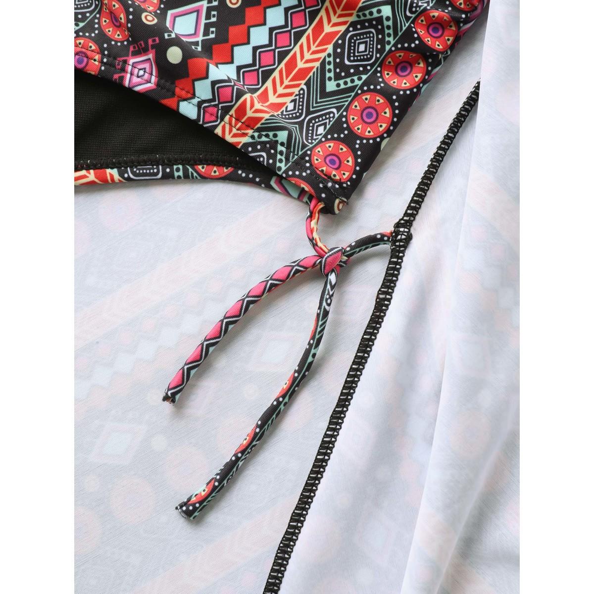 Plus Size Anti-Float Ties Boho Print Swim Dress Women's Swimwear Multicolor Beach Bodycon Overlap Collar High stretch Curve Swim Dresses BloomChic 10/M Product Image