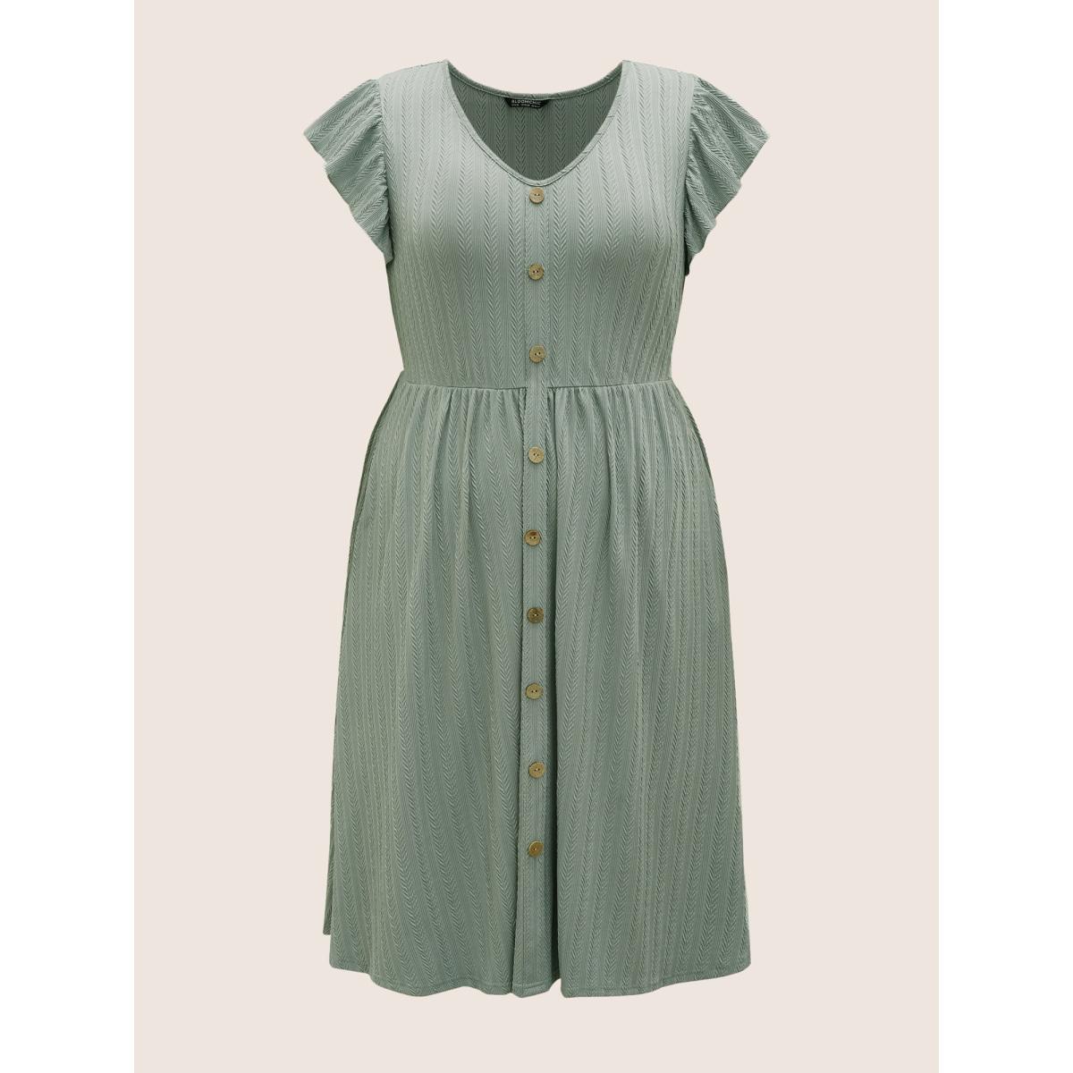 Plus Size Texture Button Detail Ruffle Cap Sleeve Dress Sage Women Casual Texture V-neck Cap Sleeve Curvy BloomChic 14-16/1X Product Image