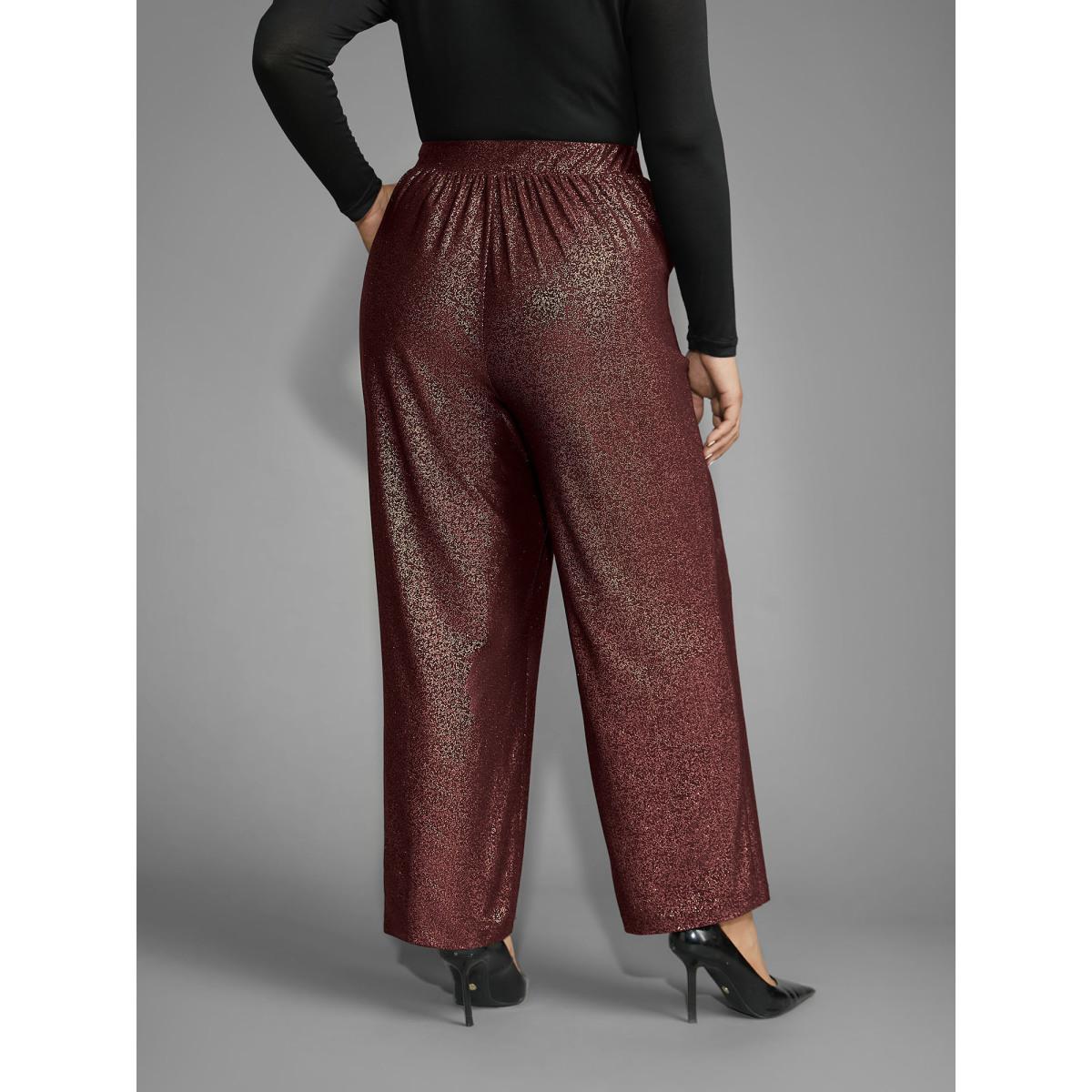Plus Size Sequin Knit Elastic Waist Holiday Pants Women Burgundy Formal Mid Rise Party Pants BloomChic 12/L Product Image