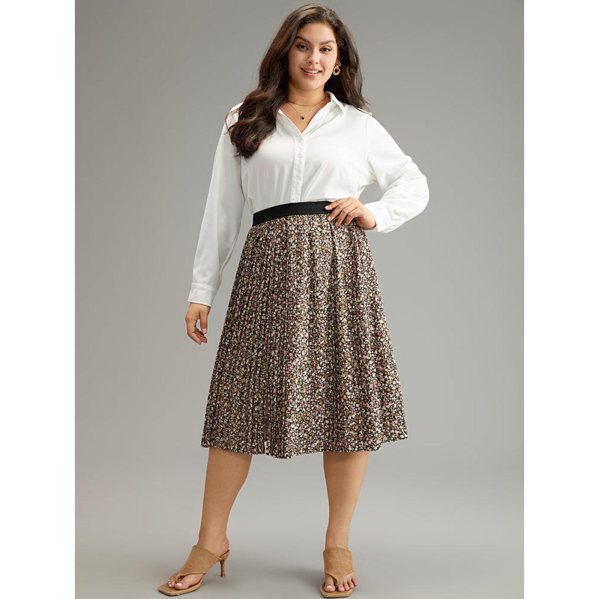 Plus Size Ditsy Floral Elastic Waist Midi Skirt Women Multicolor Elegant Pleated No stretch Dailywear Skirts BloomChic 28/5X Product Image