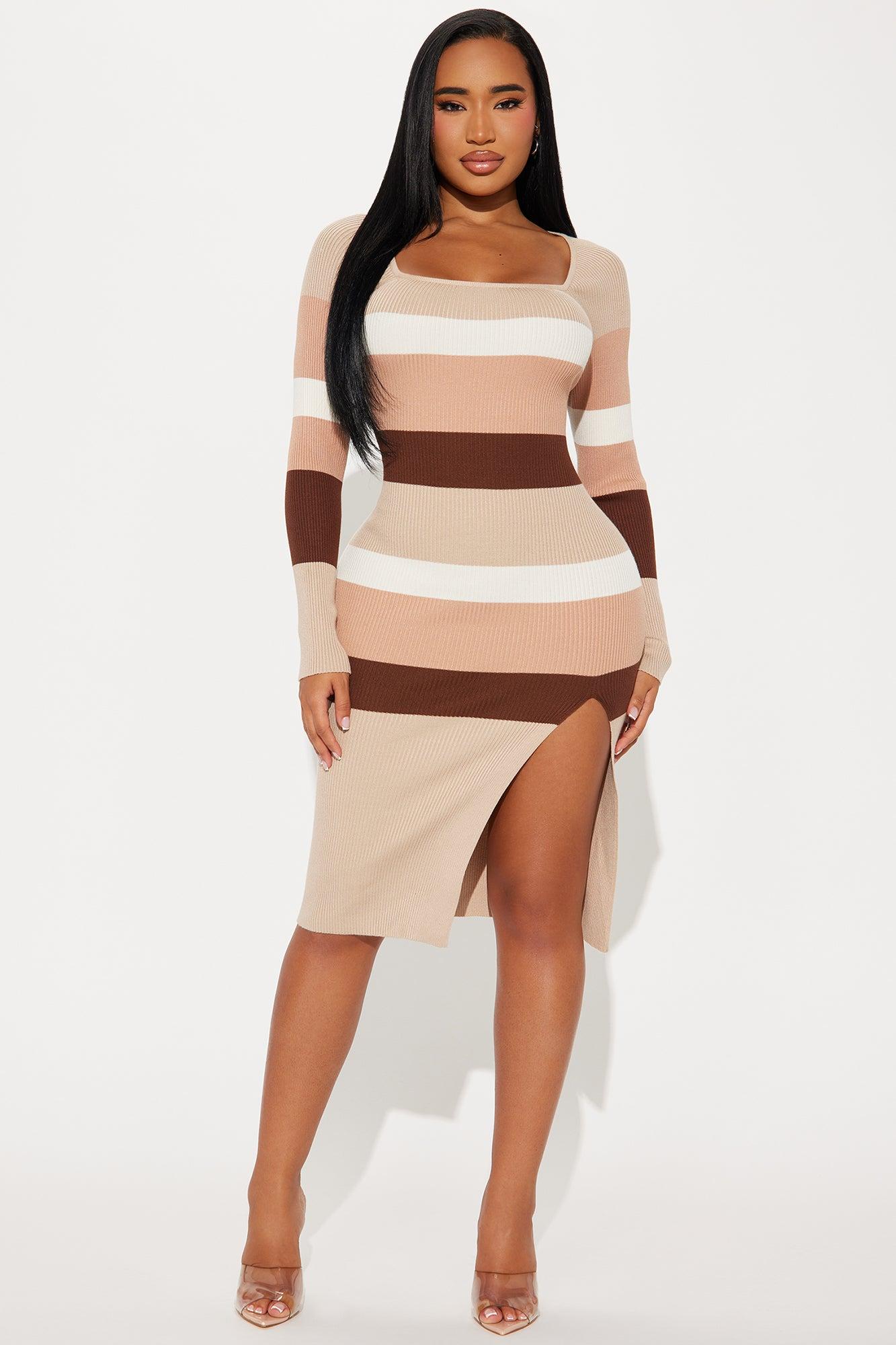 Willow in the Wind Striped Midi Dress - Taupe/combo Product Image
