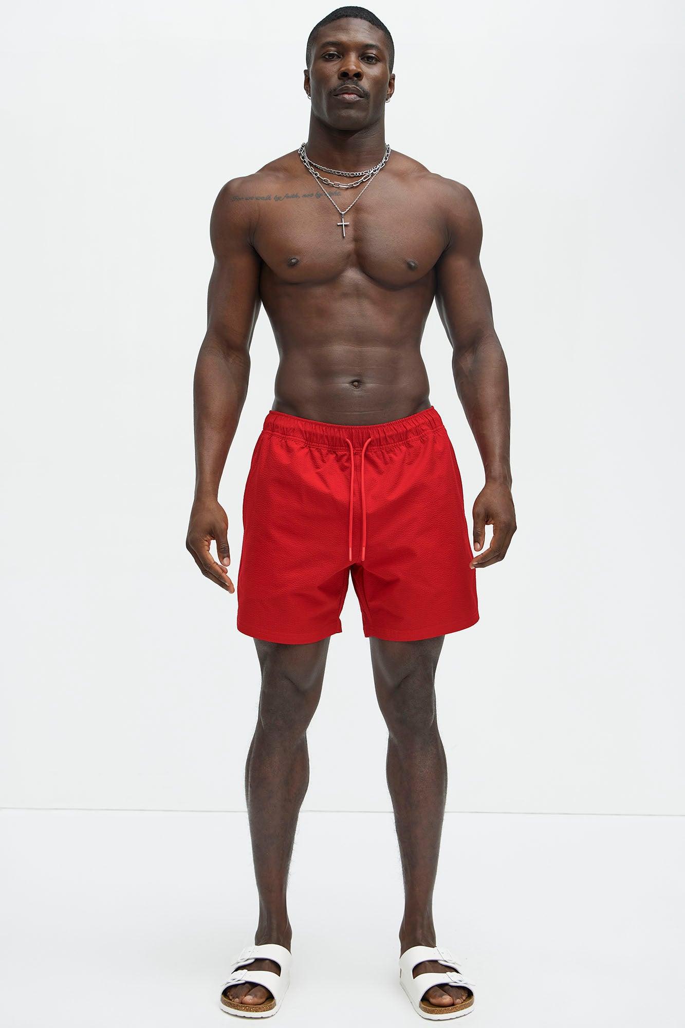 Seersucker Swim Mid Trunk - Red Product Image