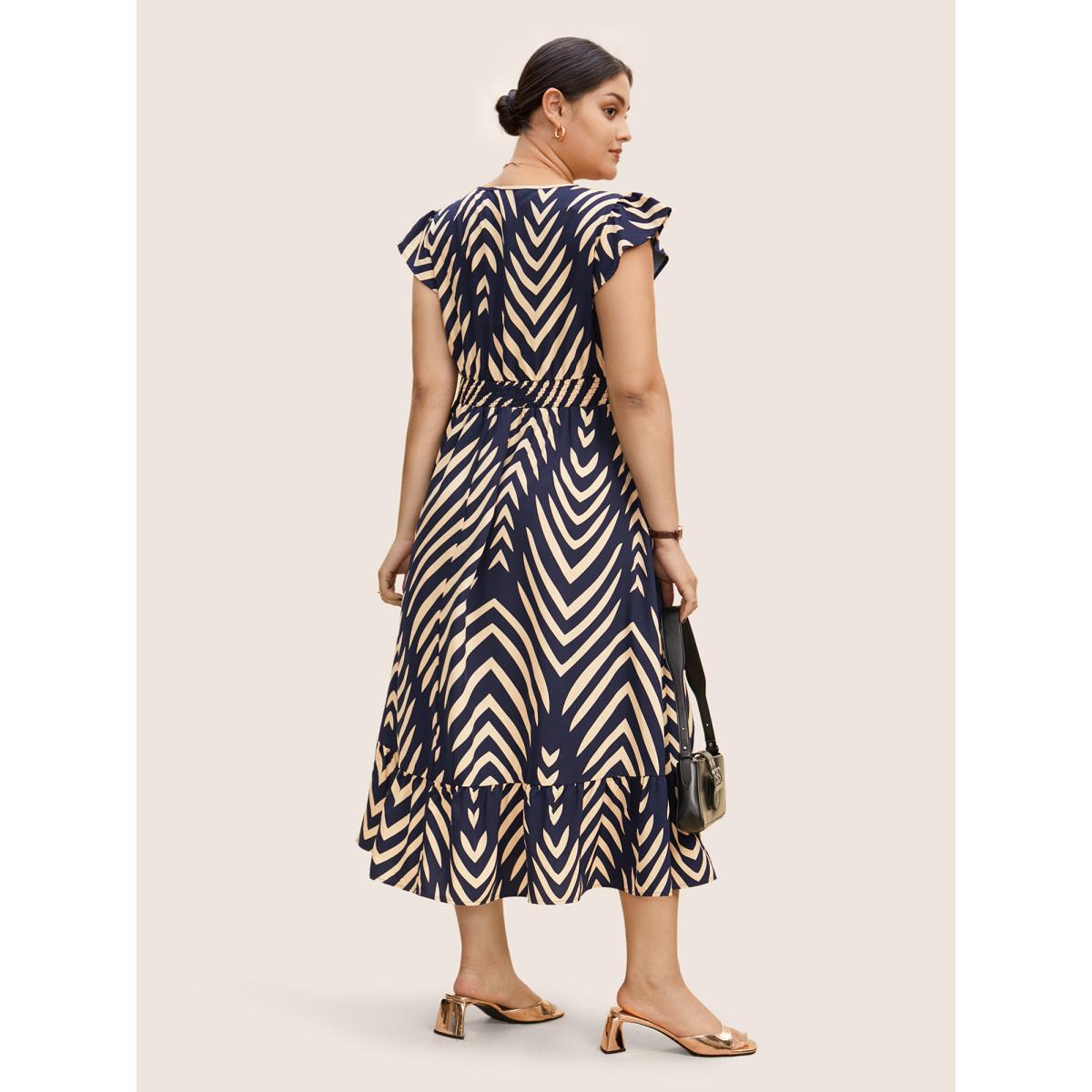 Plus Size Striped Shirred Button Detail Ruffle Cap Sleeve Dress Navy Women At the Office Button V-neck Cap Sleeve Curvy BloomChic 14-16/1X Product Image