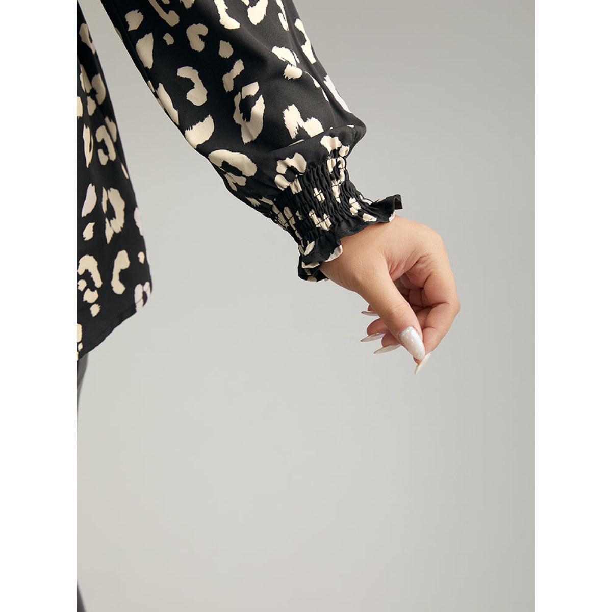 Plus Size Black Leopard Print Crossover Ruched Shirred Blouse Women Elegant Long Sleeve V-neck Dailywear Blouses BloomChic 10/M Product Image