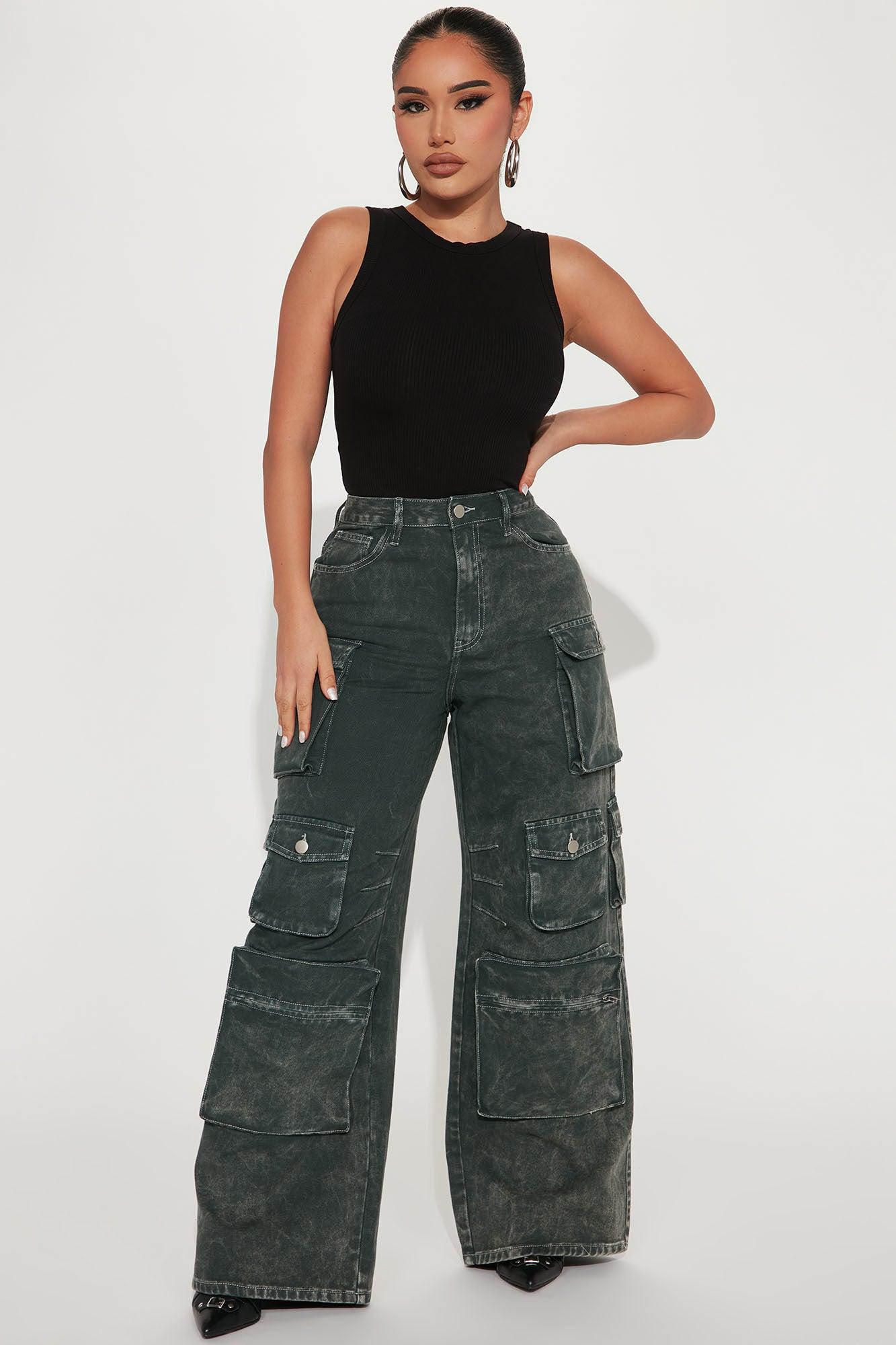 Petite Lily High Rise Cargo Jeans - Green Product Image