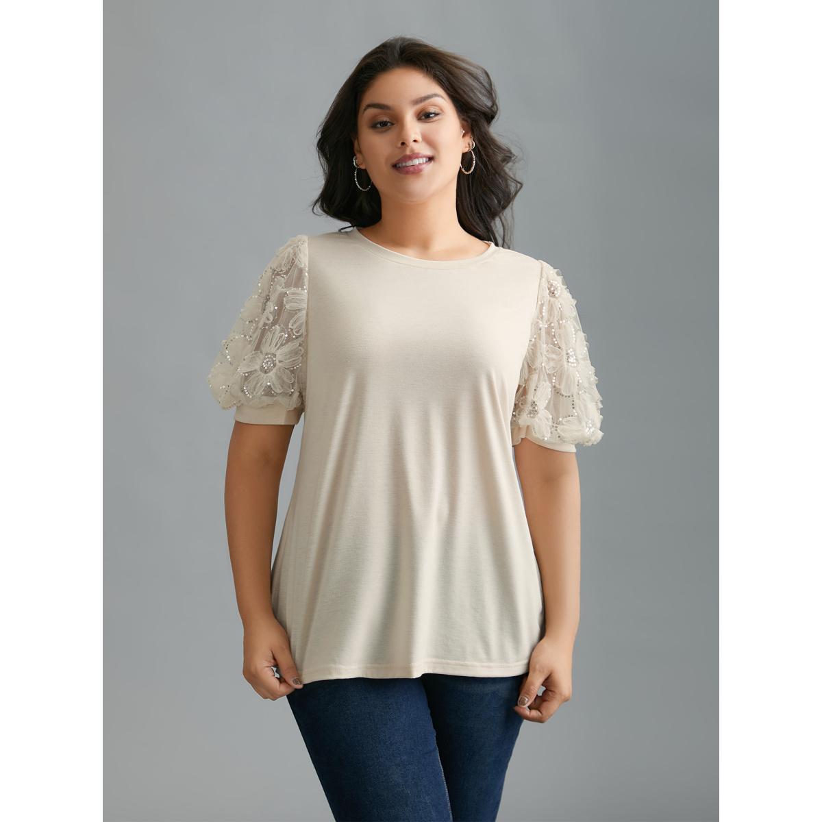 Plus Size Floral Sequin Mesh Round Neck T-shirt Beige Women Elegant See through Round Neck Everyday T-shirts BloomChic 30/6X Product Image