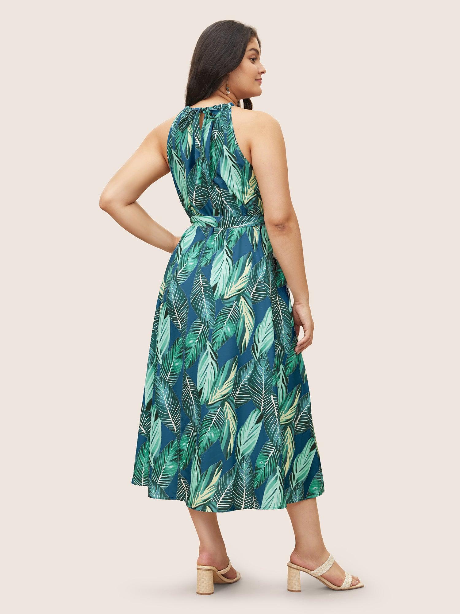 Tropical Print Knotted Pocket Ruffles Belted Halter Dress Female Product Image