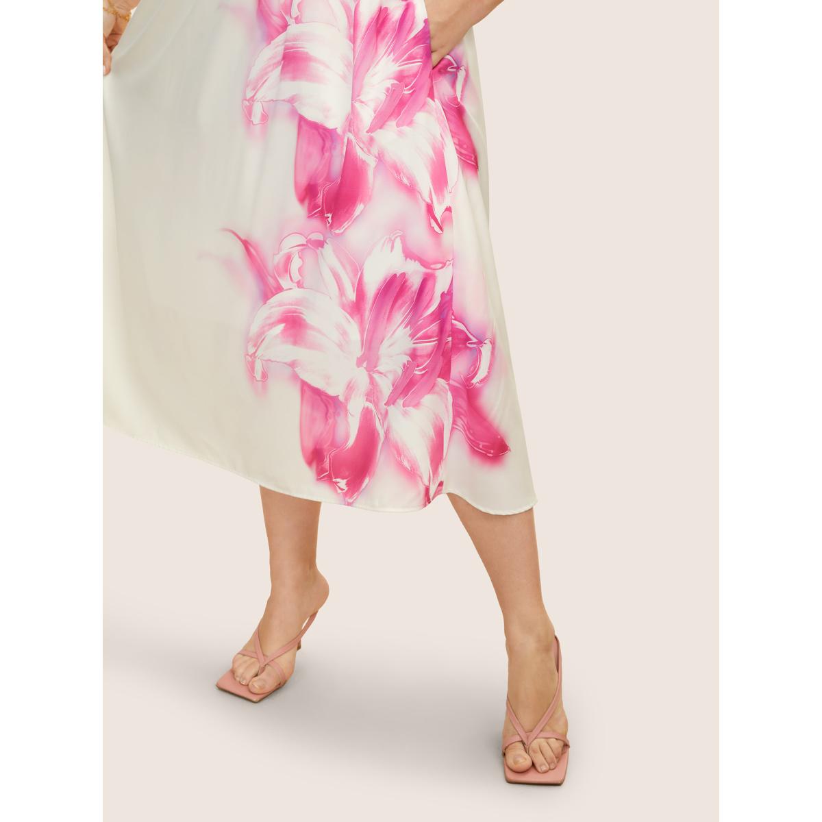 Plus Size Pink Lilies Print Gathered Cami Midi Dress Ivory Women Elegant Gathered Non Sleeveless Curvy BloomChic 30/6X Product Image