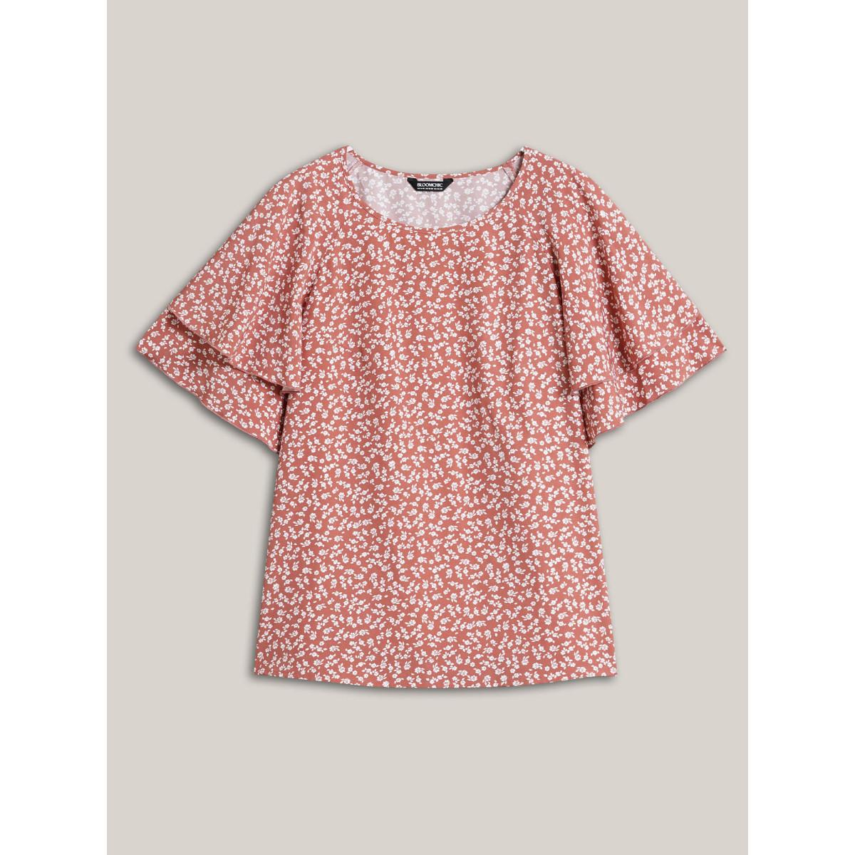 Plus Size Rouge Ditsy Floral Print Tiered Lotus Leaf Sleeve Shirt Women Timeless Short sleeve Round Neck Elegant Blouses BloomChic 12/L Product Image